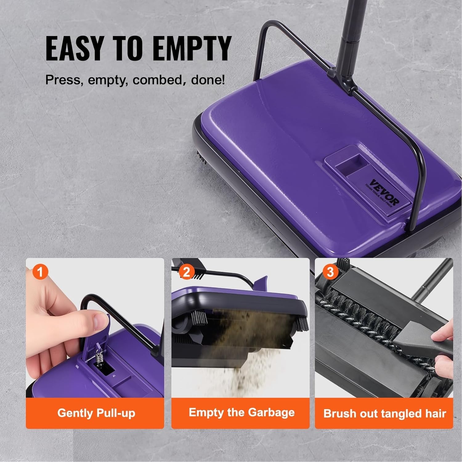 Stylish Purple Carpet Sweeper – Quiet Manual Operation, Pet Hair & Dirt Remover