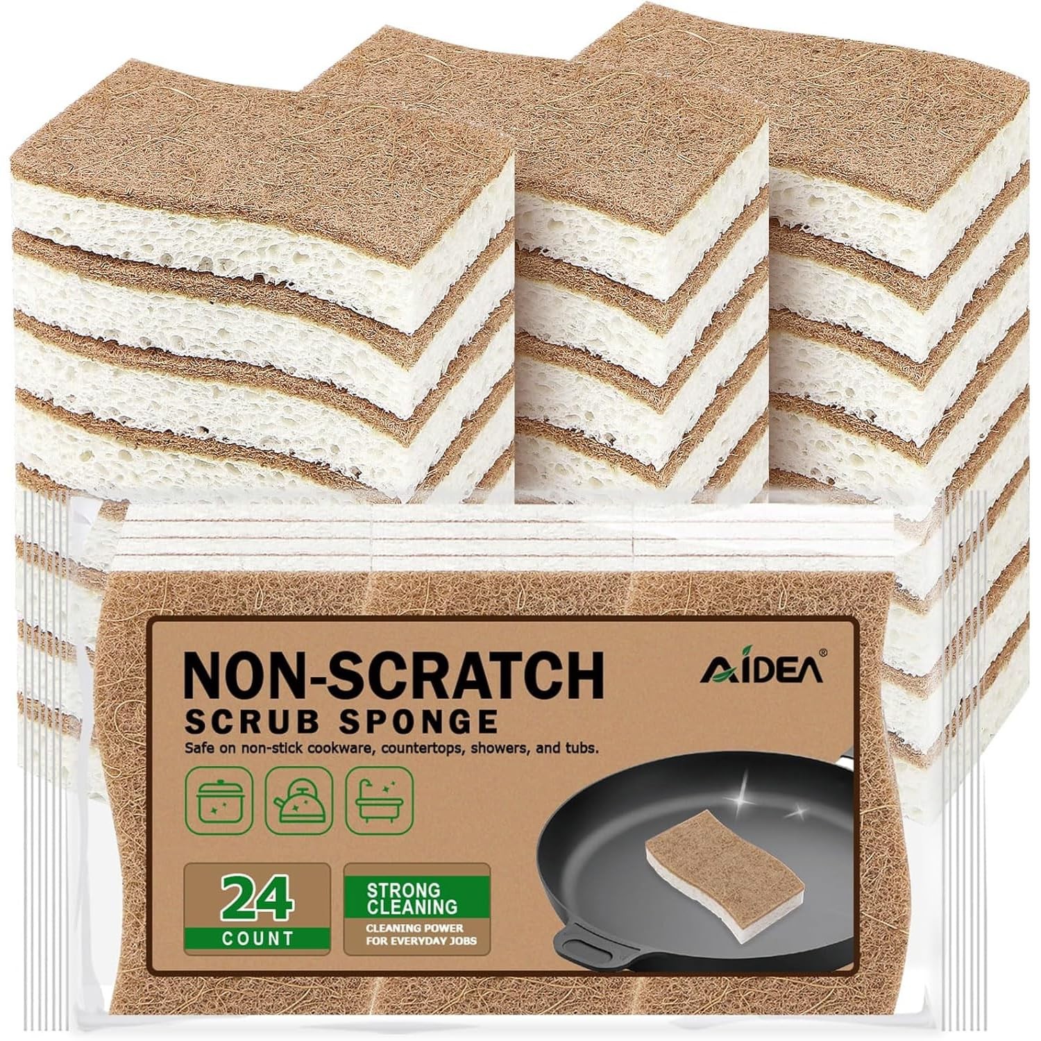 Non Scratch Natural Fiber Sponges for Non Stick Cookware Brown 24 Count