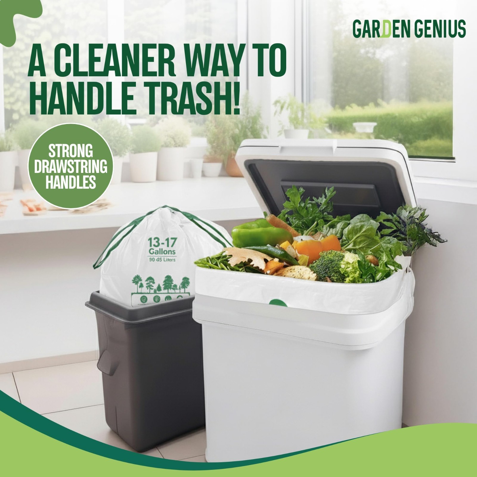 Biodegradable 13-17 Gallon Trash Bags, Heavy-Duty Drawstring Kitchen Bags, Eco-F