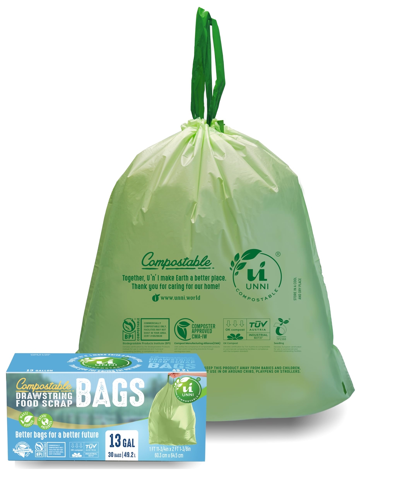 Compostable Tall Kitchen Drawstring Trash Bags 13 Gallon 49.2 Liter 30 Count Hea