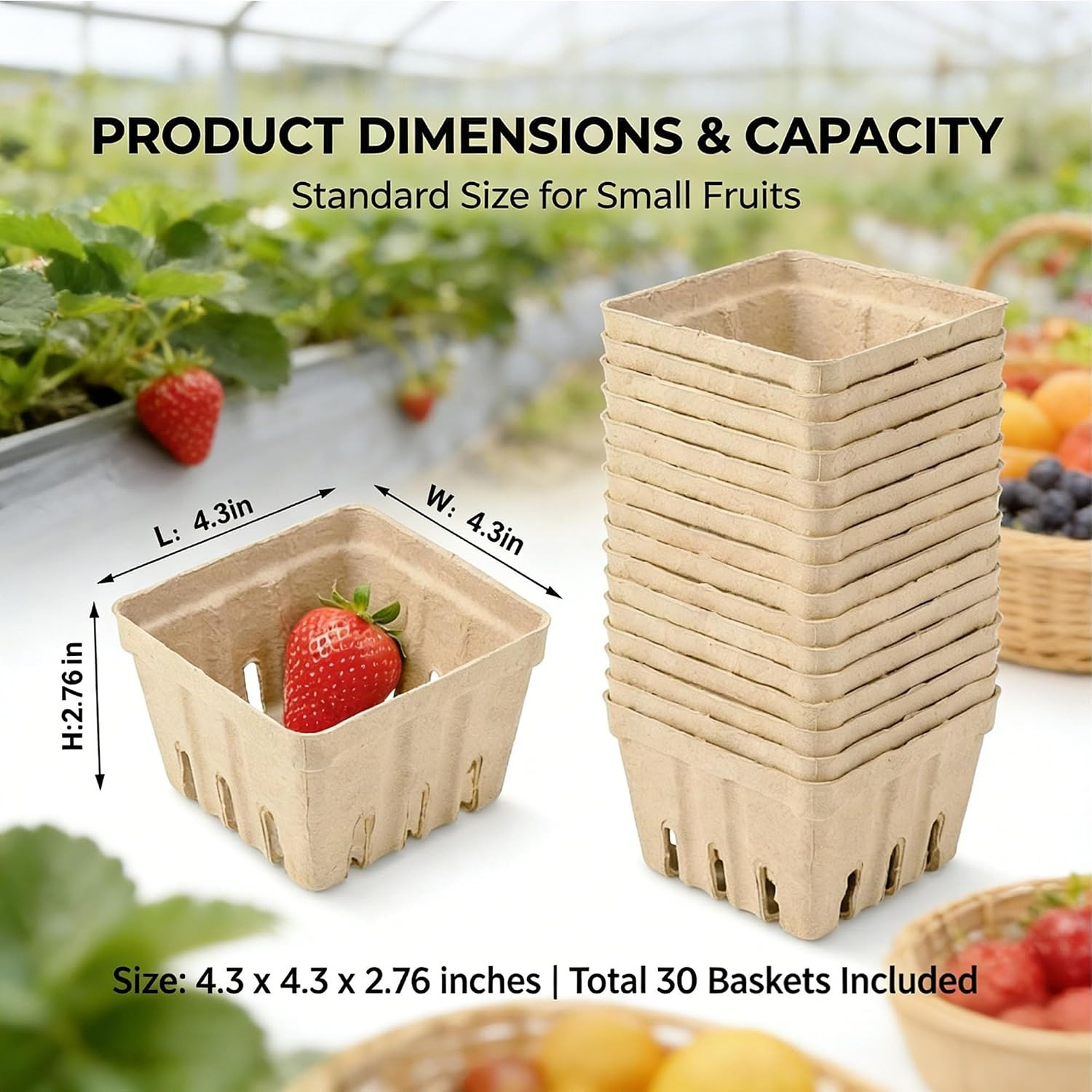 30 Pack Natural Pulp Fiber Berry Baskets Vented Produce Containers Small