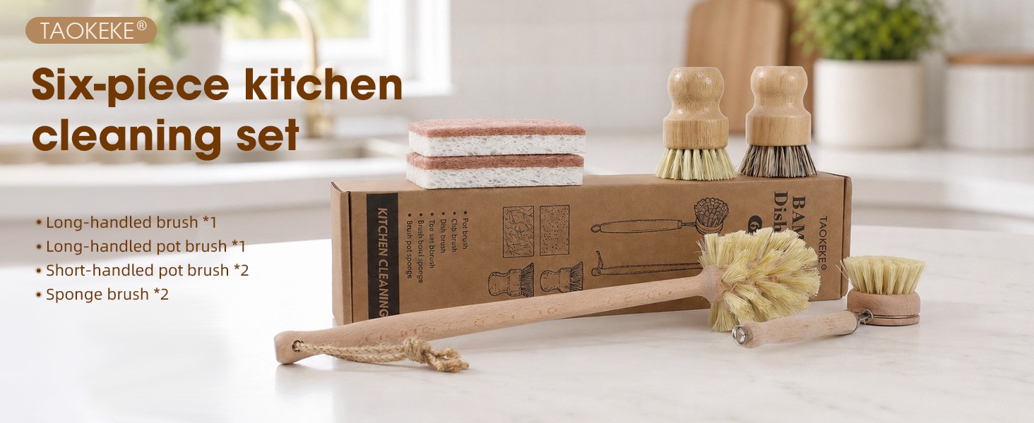 6 Pack Bamboo Dish Brush & Sponge Set, Wooden Handle Kitchen Scrub Brushes with