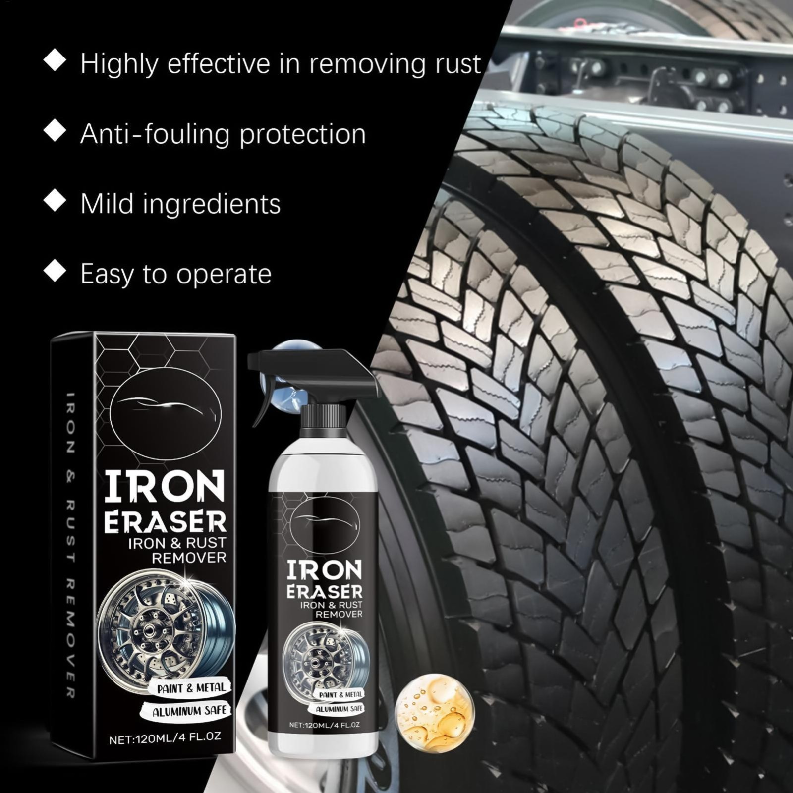 Iron Eraser Rust Remover Spray, Car Wheel Paint Brake Dust Fast Cleaner 120ML US