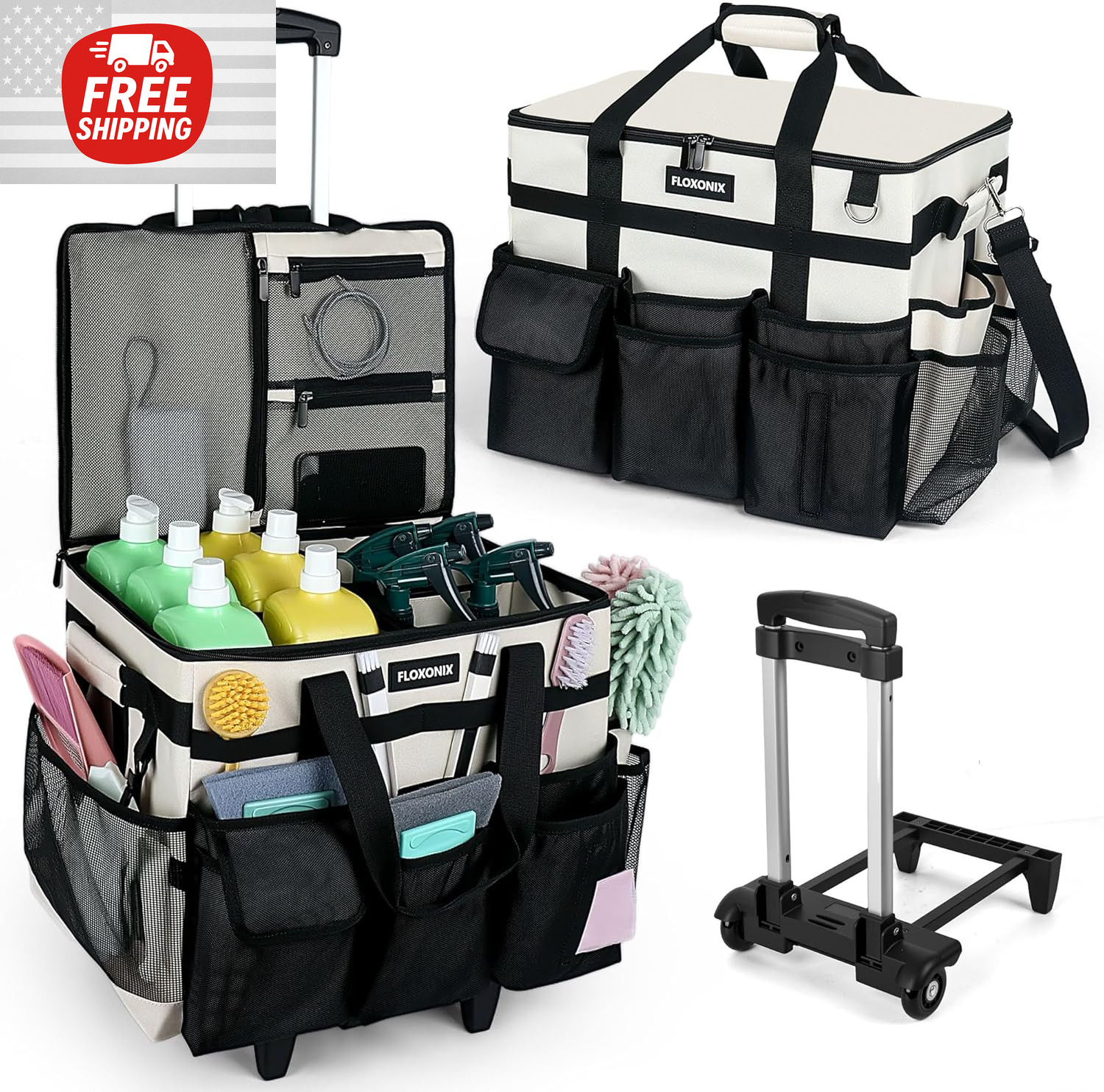 Large Rolling Cleaning Caddy Bag with Wheels, with Detachable Trolley, Cleaning