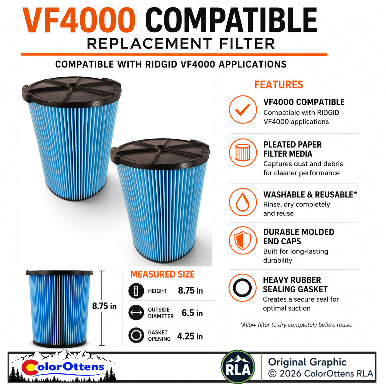 2 Pack VF4000 Compatible Replacement Filters RIDGID Wet Dry Vacuum Cartridge