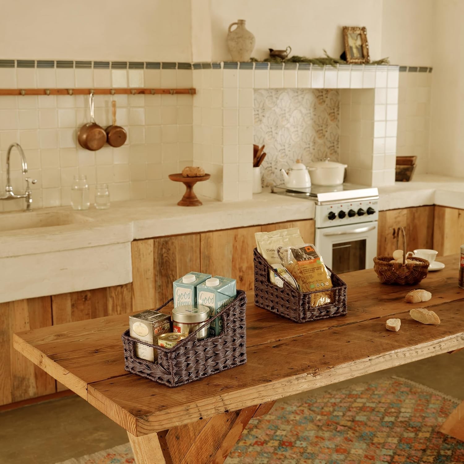 Wicker Storage Baskets, Waterproof Wicker Basket with Handles, Trapezoid Woven
