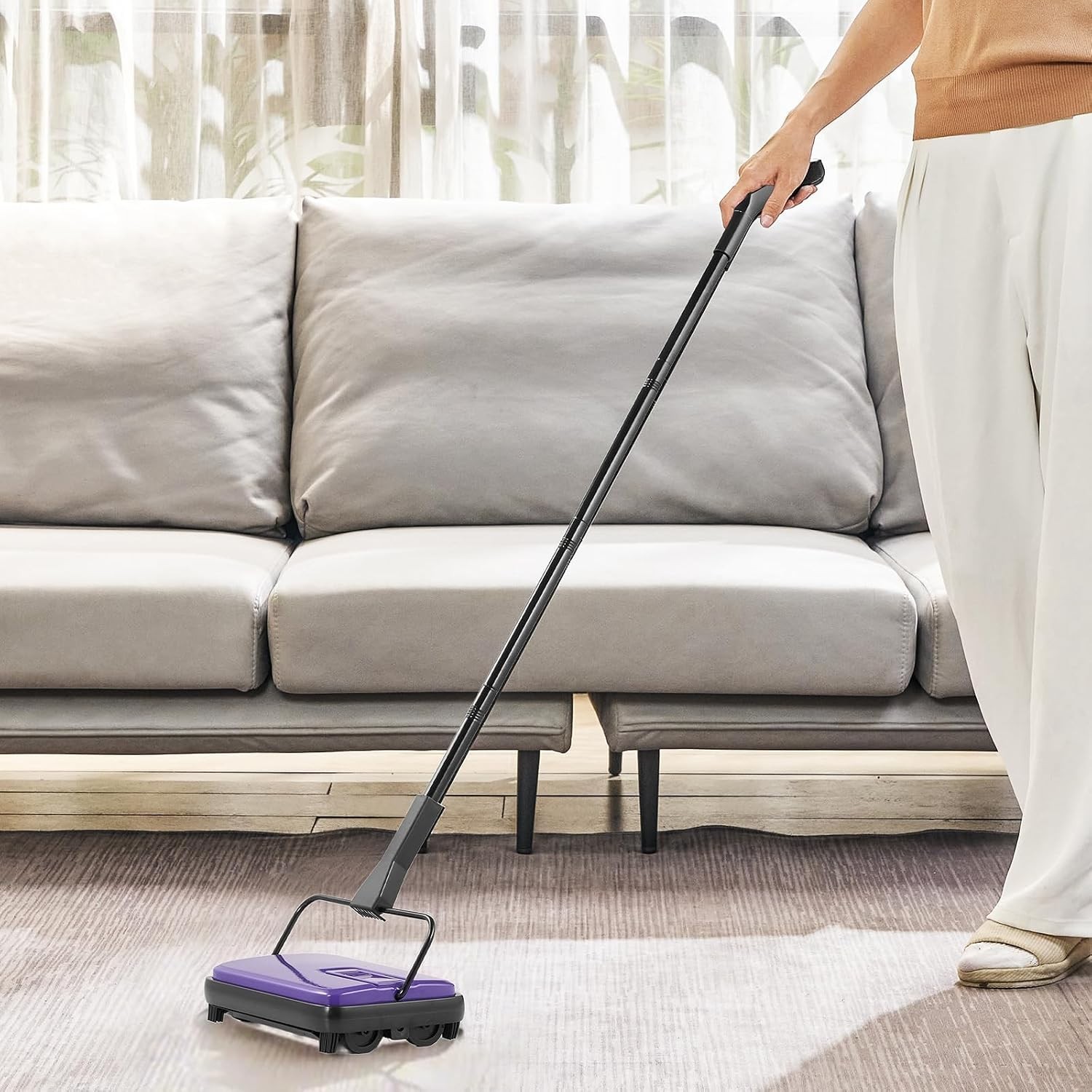 Stylish Purple Carpet Sweeper – Quiet Manual Operation, Pet Hair & Dirt Remover