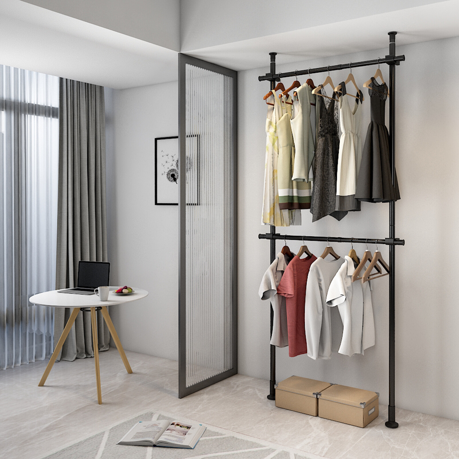 2 Tiers Rod Closet Organizer Garment Rack Clothes Hanger Storage Rack 2 Rails