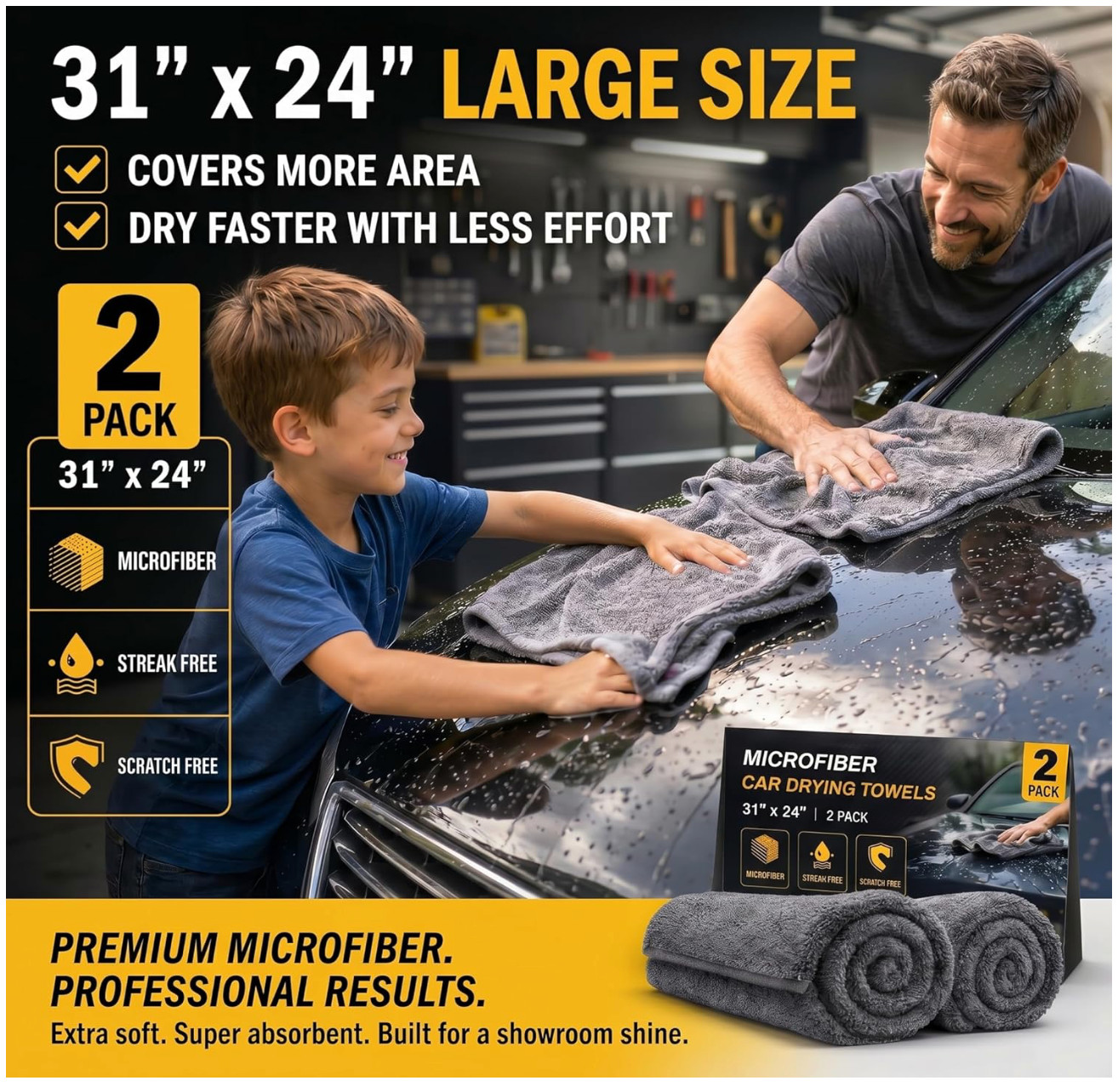 2 Pack Professional Large Microfiber Car Drying Towels (31″ X 24″), Scratch Free
