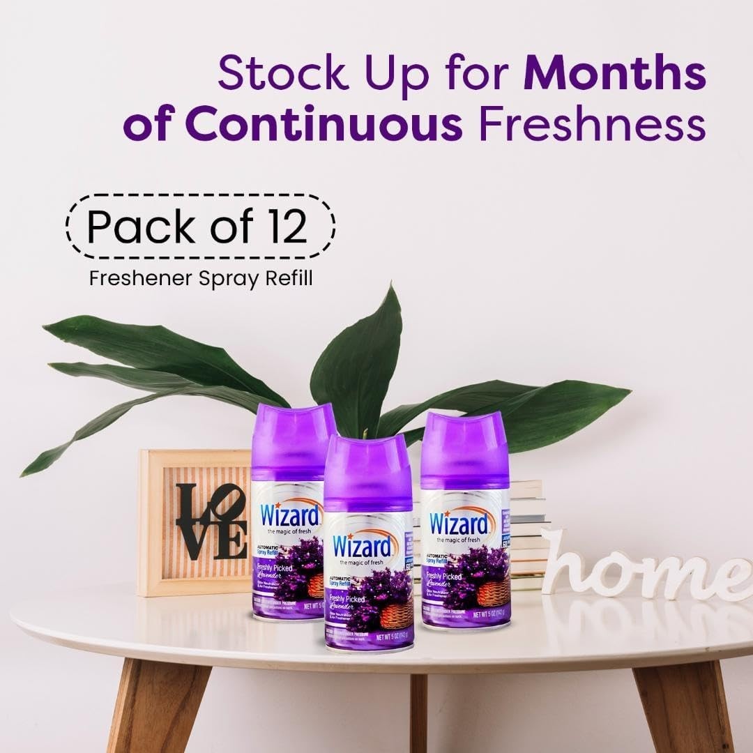 Pack of 12 WIZARD AUTOMATIC SPRAY REFILLS FRESHLEY PICKED LAVENDER 5 oz