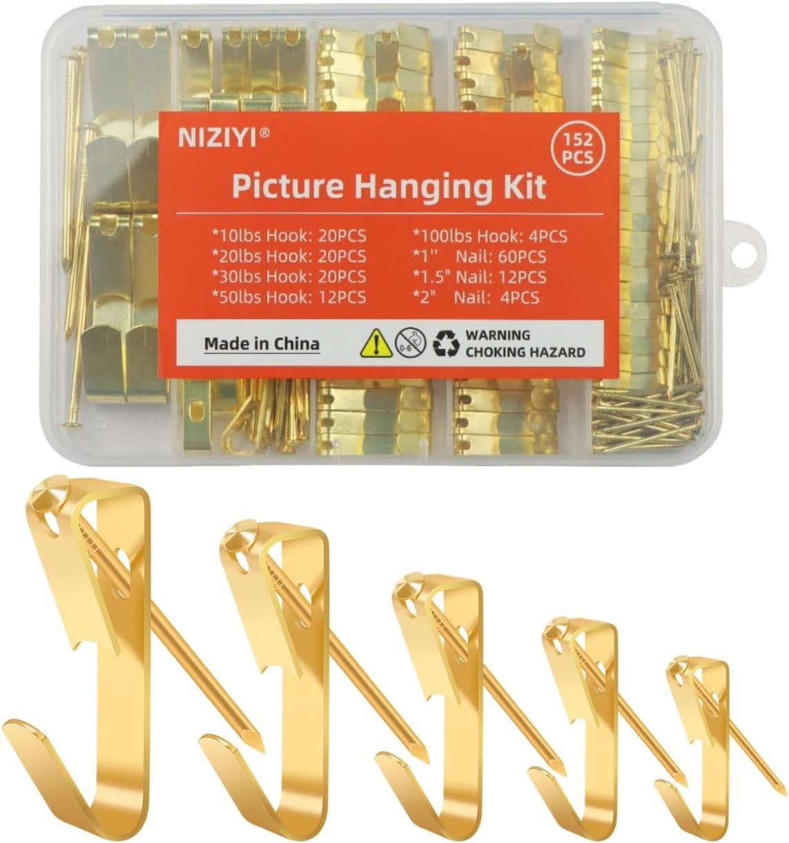 152Pcs Picture Hanging Kit, Picture Hangers 10lb, 20lb, 30lb, 50lb, 100lb Hooks