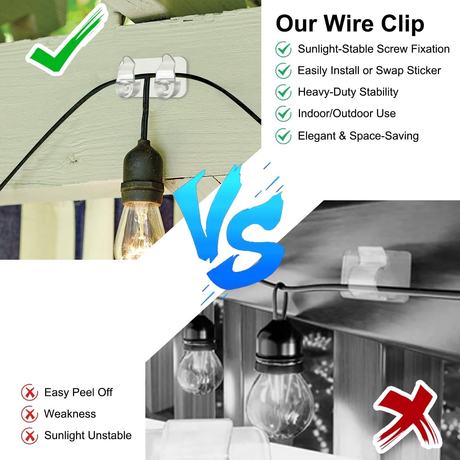 Outdoor Light Clips 50 Pcs Waterproof Adhesive Hooks with Screws for LED Lights