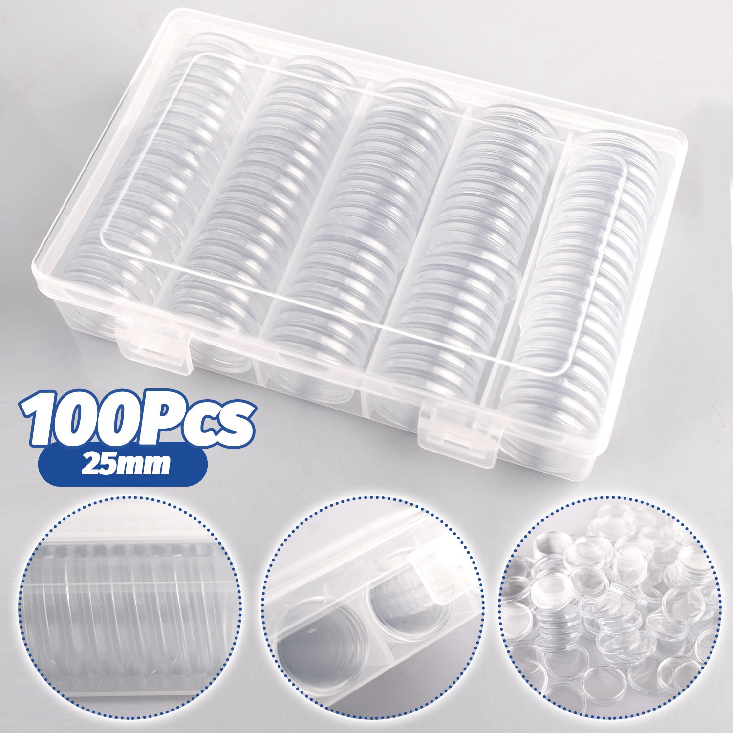 100PCS 25mm Silver Gold Coin Cases Capsules Holder Clear Plastic Round Storage