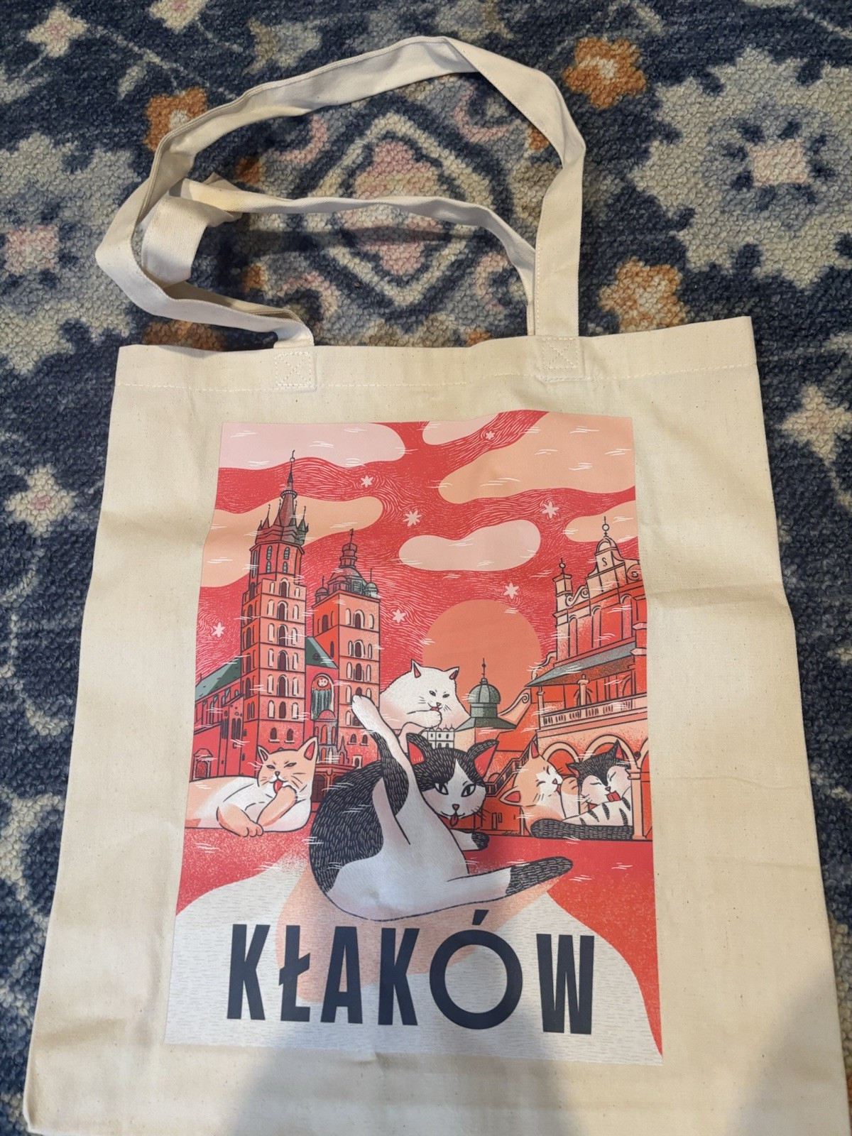 Foldable Canvas Tote Bag Beige Multicolor All-Over Pattern kłaków cracow