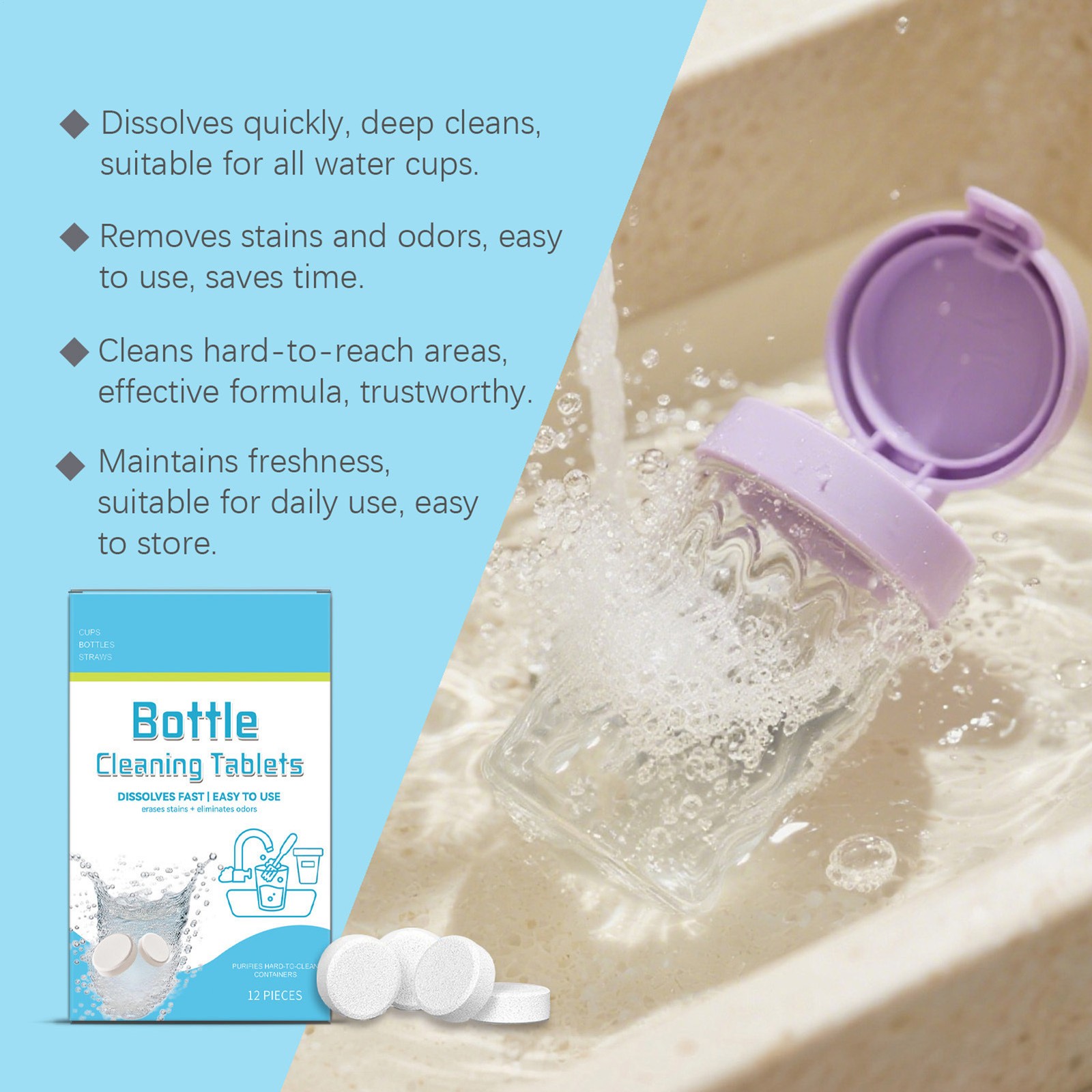 `Water Bottle Cleaning Tablets 12pack Chlorinefree And Odorless Cleaner