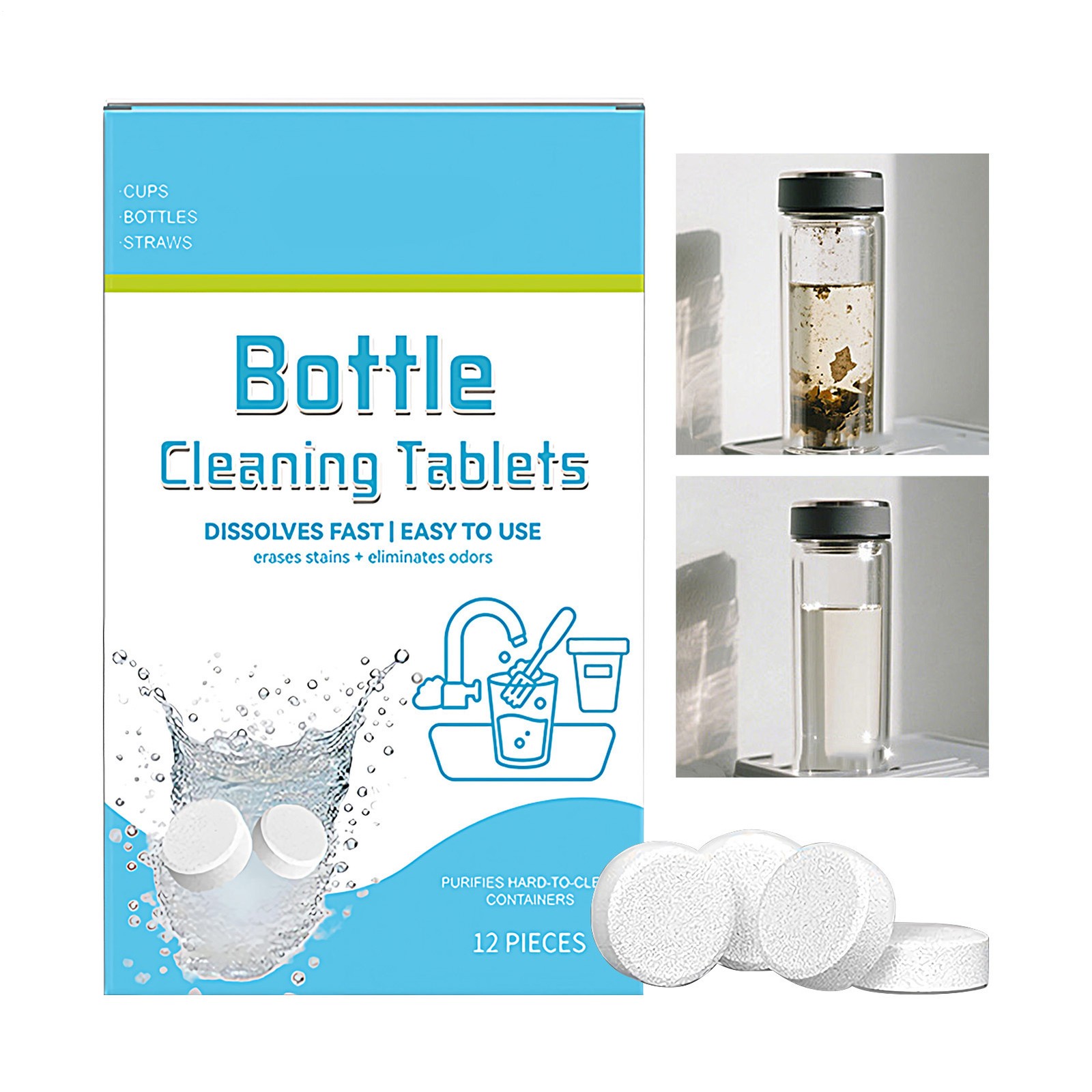 `Water Bottle Cleaning Tablets 12pack Chlorinefree And Odorless Cleaner