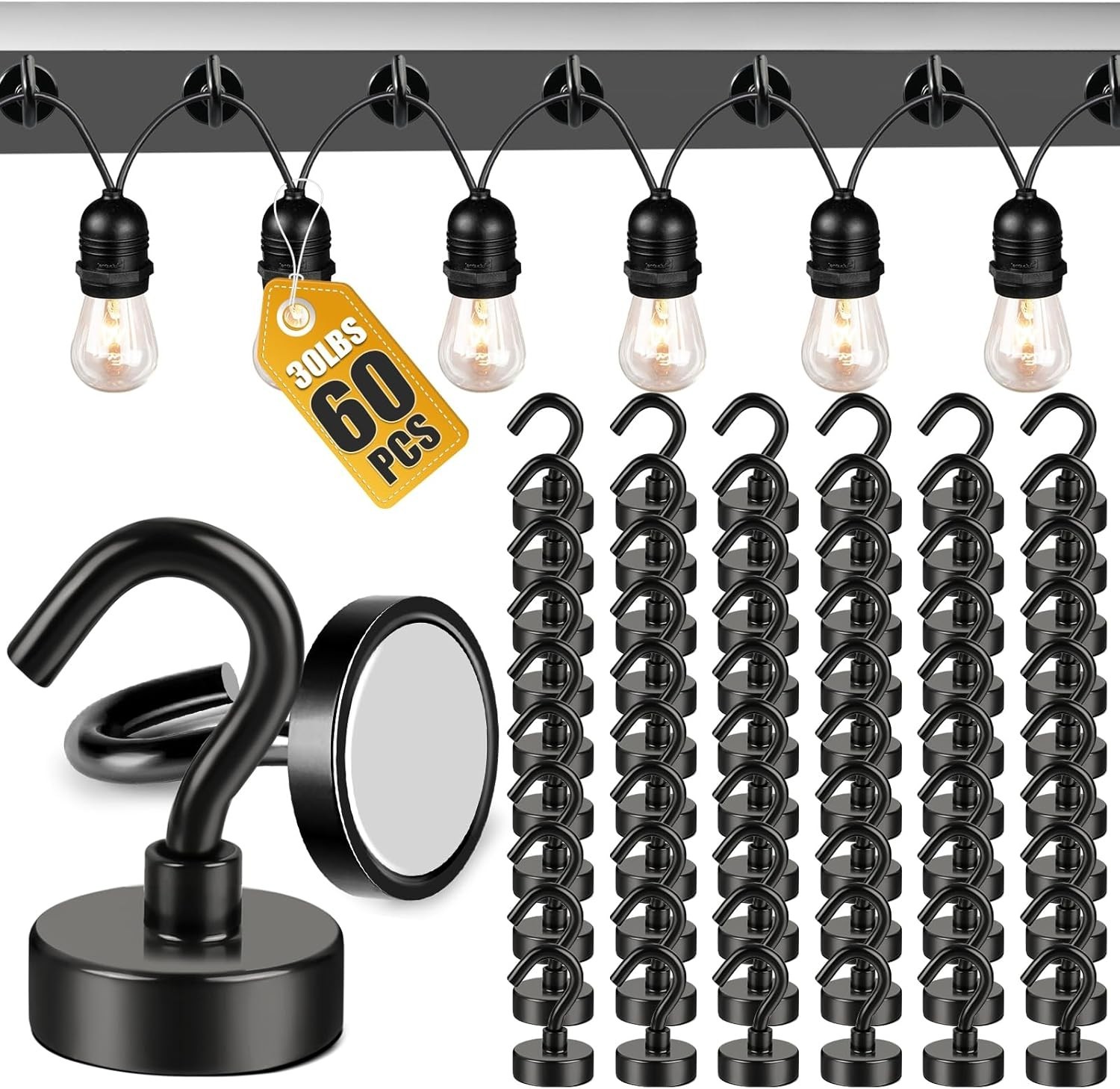Elegant 60PCS Black Magnetic Hooks for Outdoor String Lights – 30lbs+ Capacity