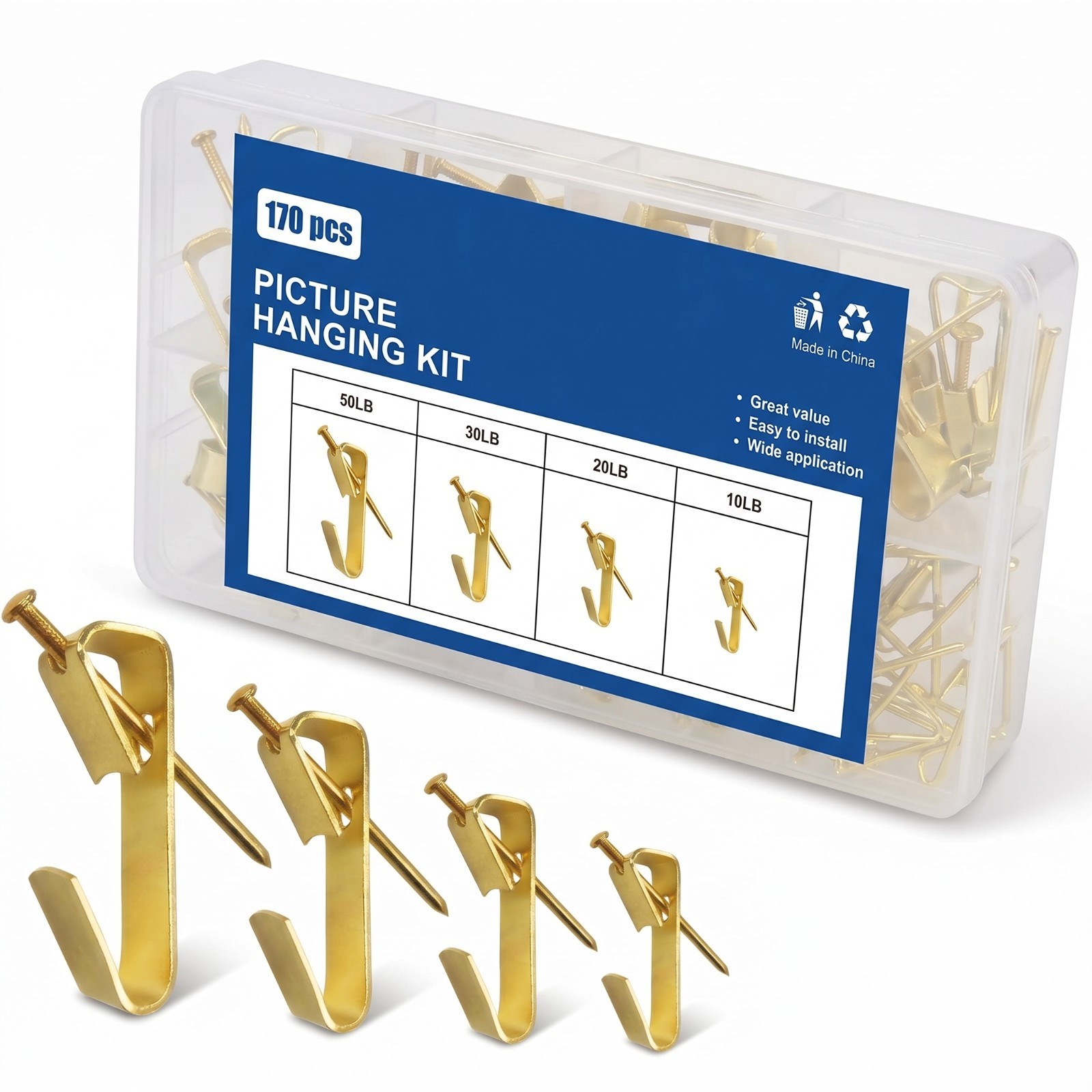 170Pcs Picture Hangers Hanging Kit Hooks Nails 10-50lbs Drywall Wooden Wall Box