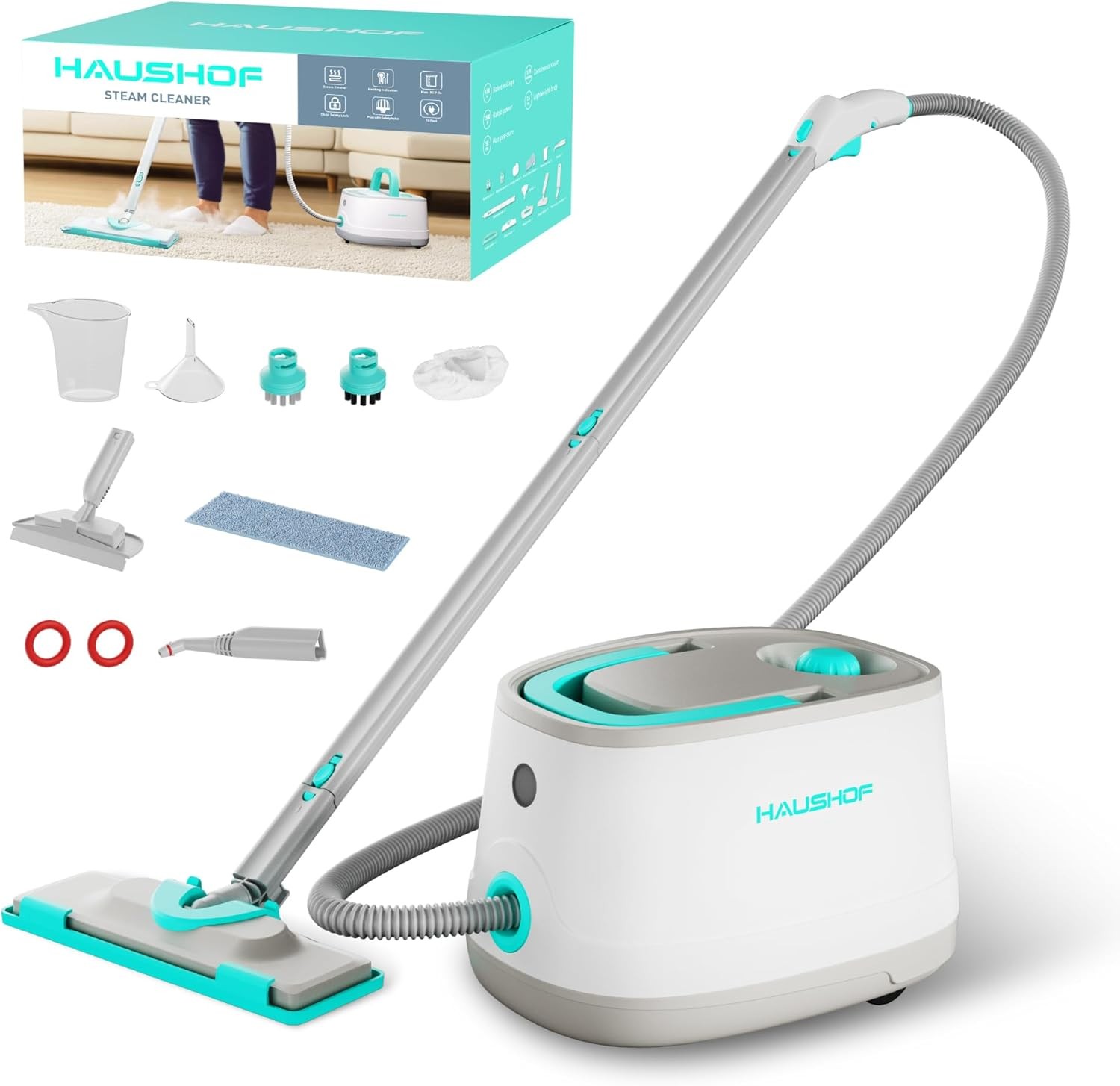 HAUSHOF 1500W Portable Steam Cleaner w/1.5L Tank and Wheels 4 Bar 16 Accessories