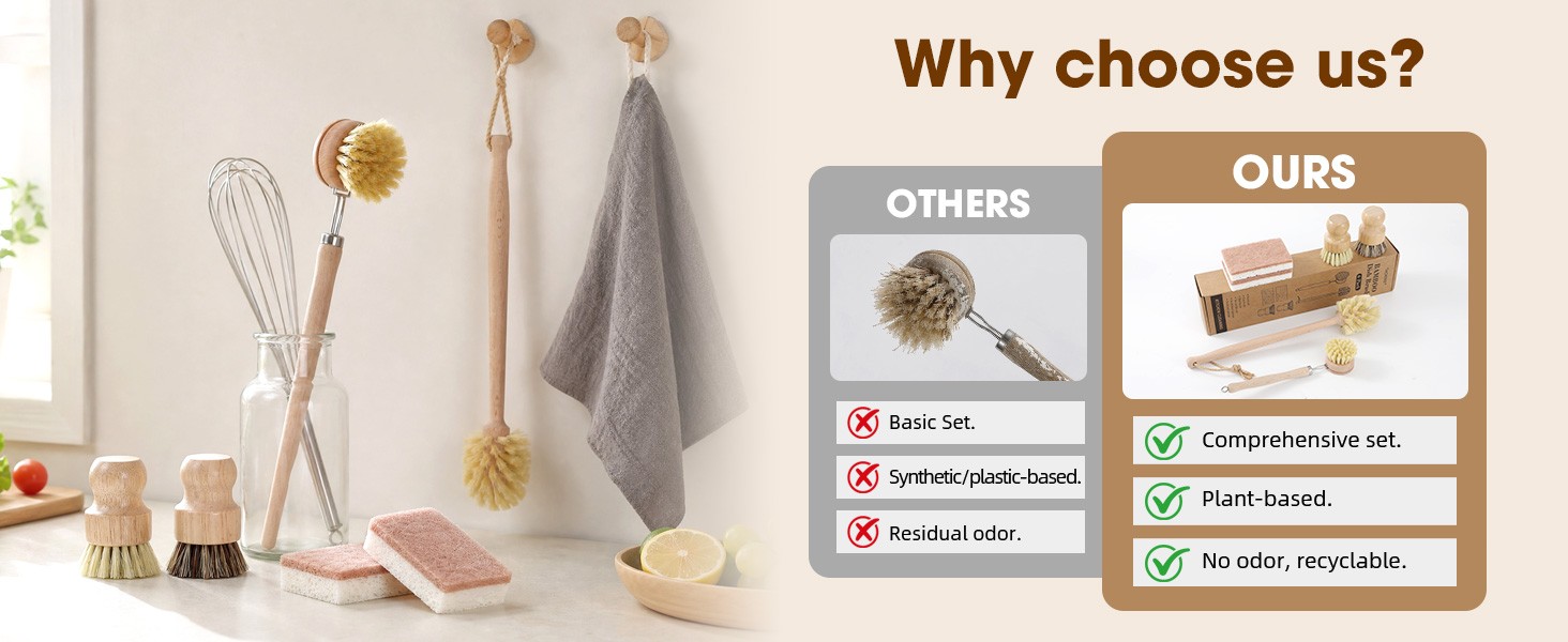 6 Pack Bamboo Dish Brush & Sponge Set, Wooden Handle Kitchen Scrub Brushes with