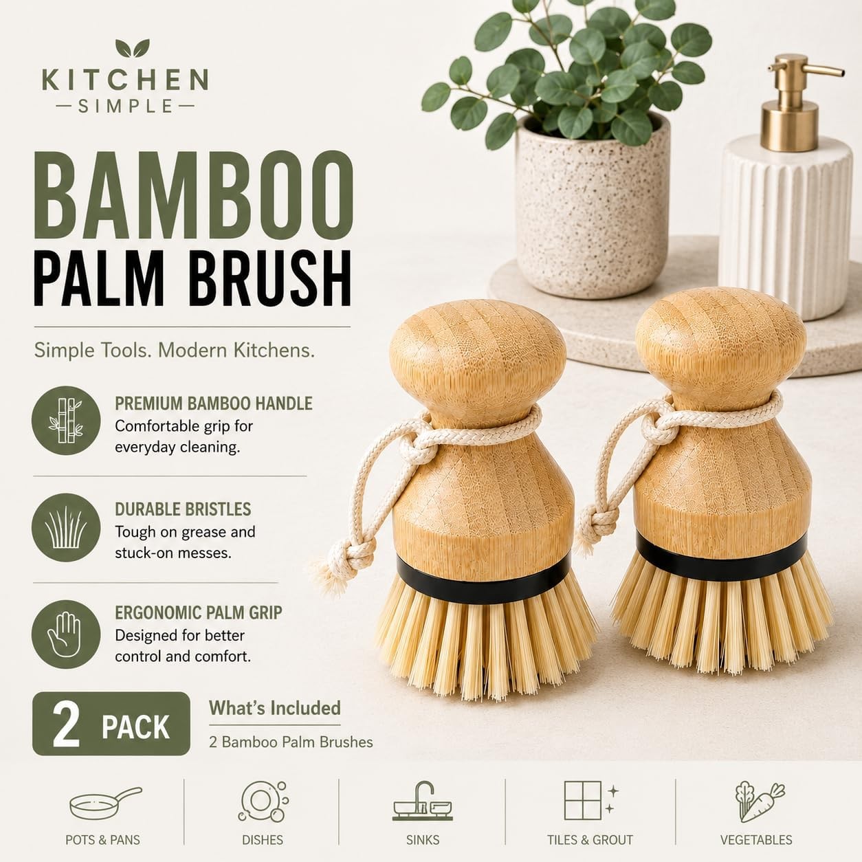 Bamboo Palm Brush Set, 2 Pack Dish Scrub Brushes for Pots, Pans, Dishes, Sink &