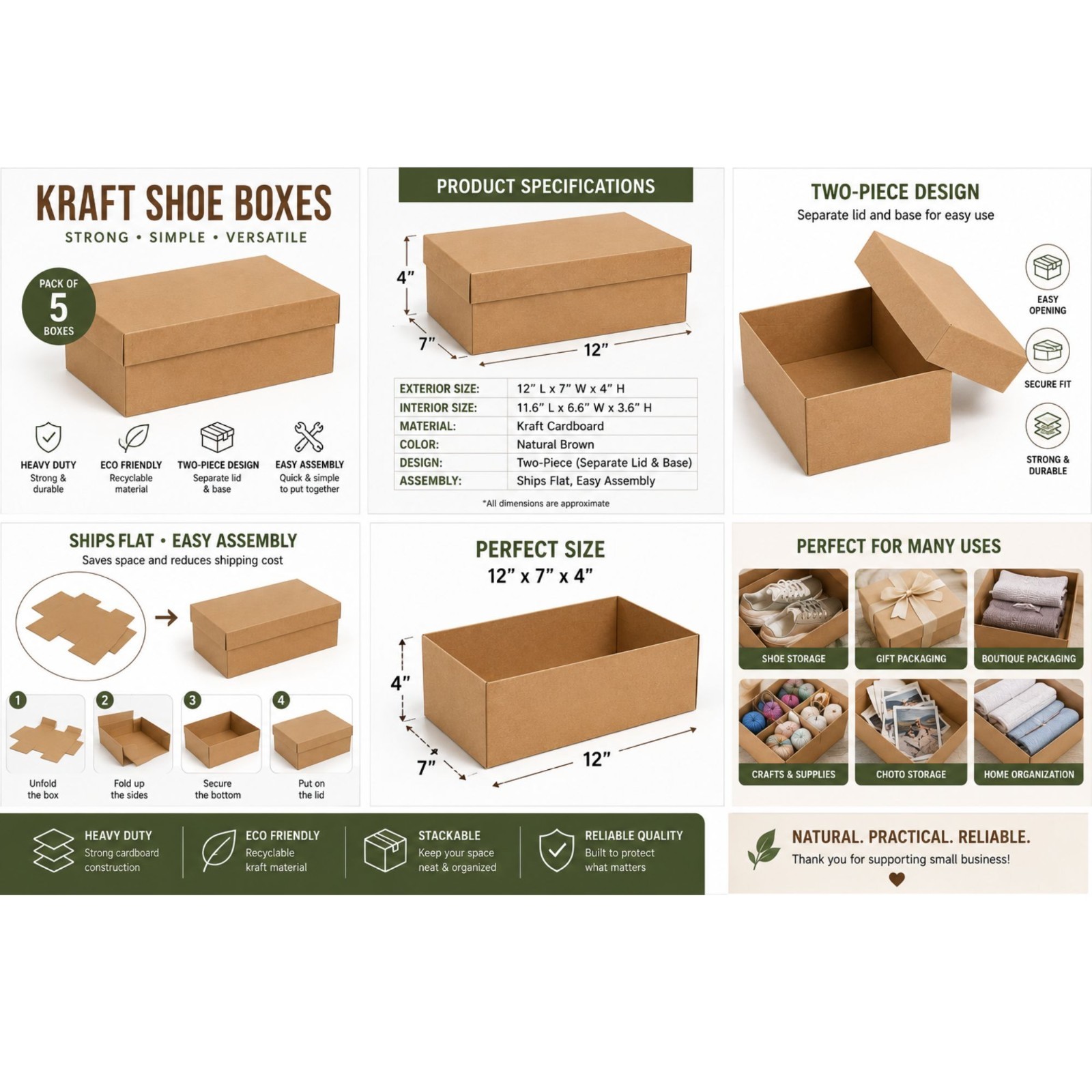 5 Kraft Shoe Boxes 12 x 7 x 4 Cardboard Gift Boxes with Lids Heavy Duty Storage