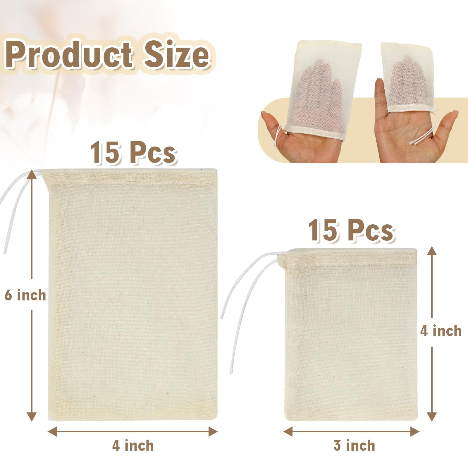 Uefegrs Reusable Muslin Tea Bags: 30pcs 3x4inch and 4x6inch, Off-White