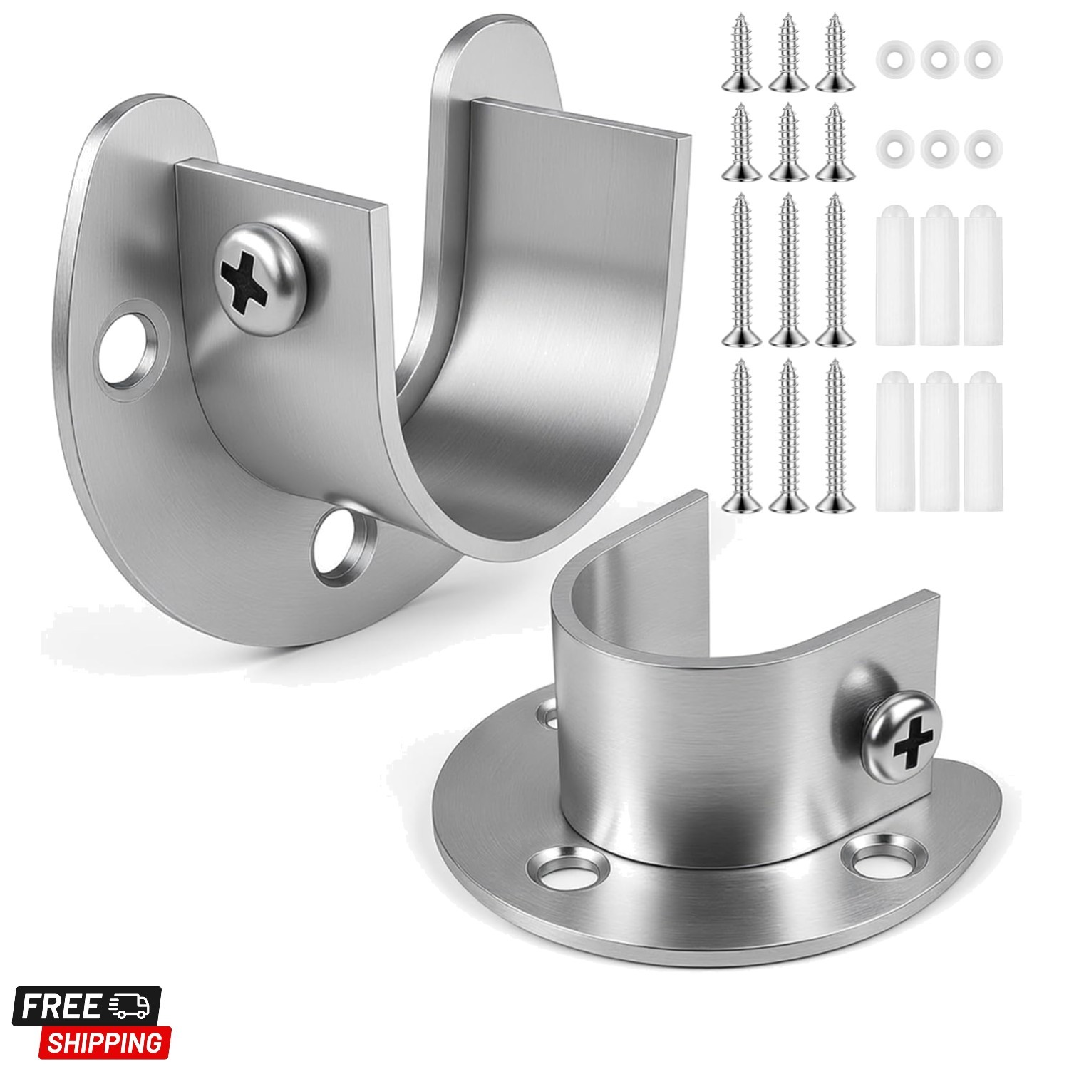 2Pcs Heavy Duty Stainless Steel Closet Rod Bracket Holder Silver, 1.0″