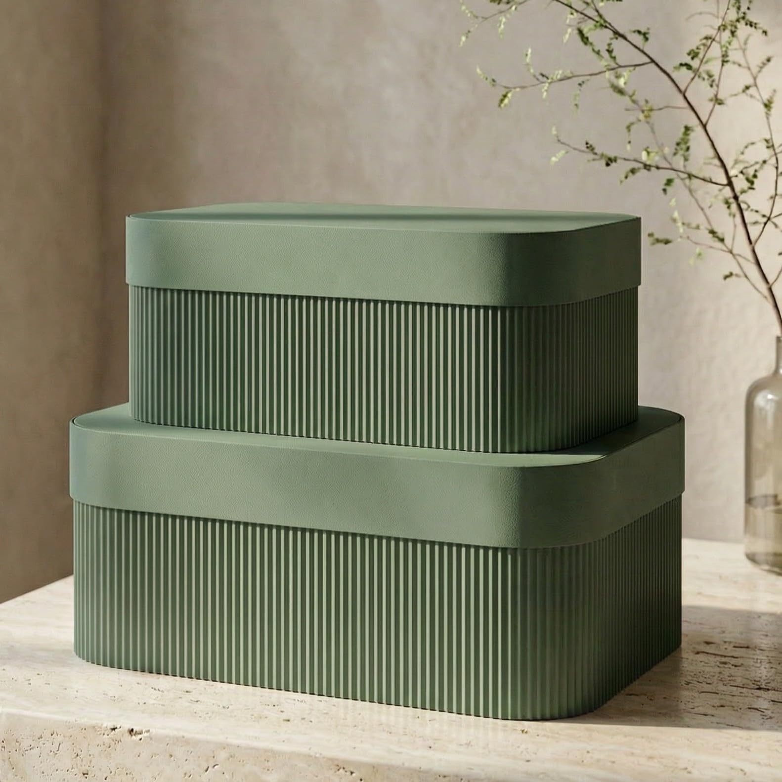 Decorative Storage Boxes with Lids, Set of 2 Fluted Cardboard Organizers