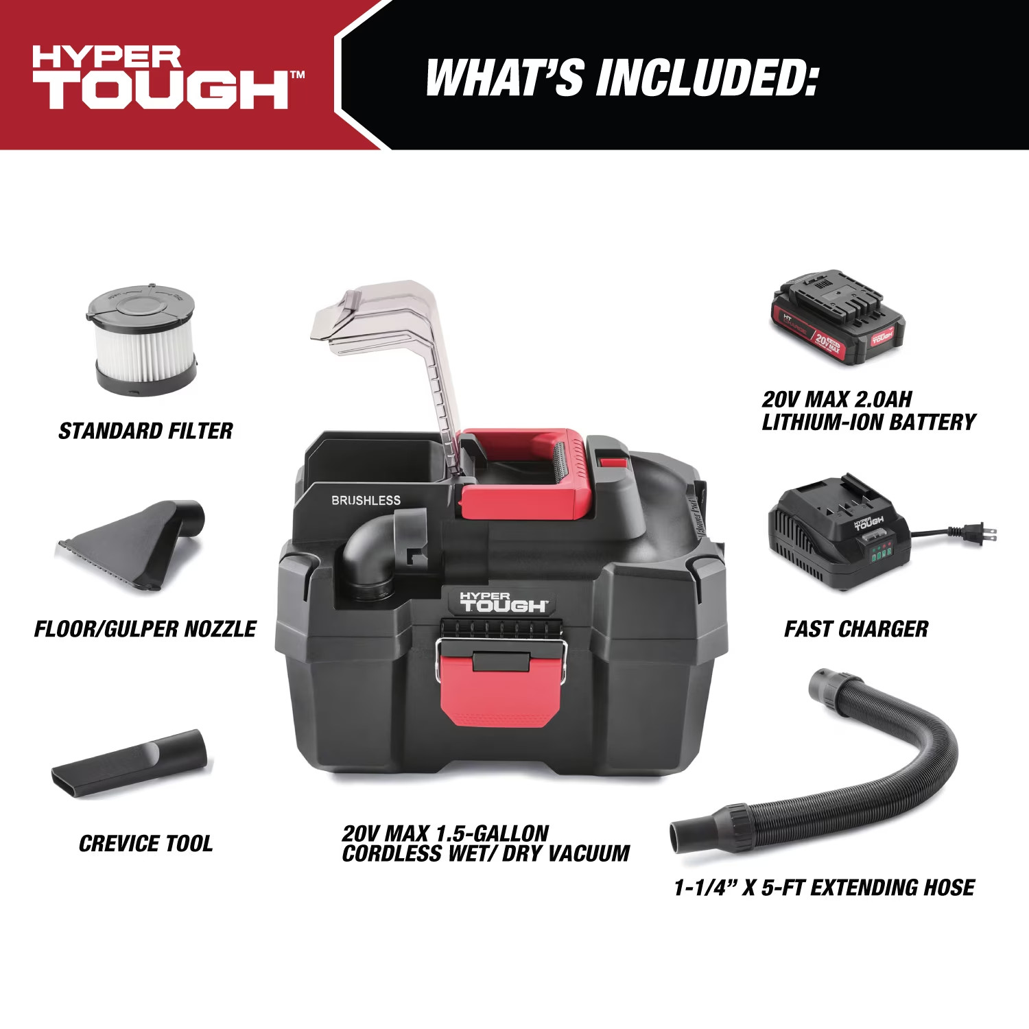Hyper Tough 1.5 Gallon Wet Dry Vac, 20V Max, Brushless Motor, Cordless