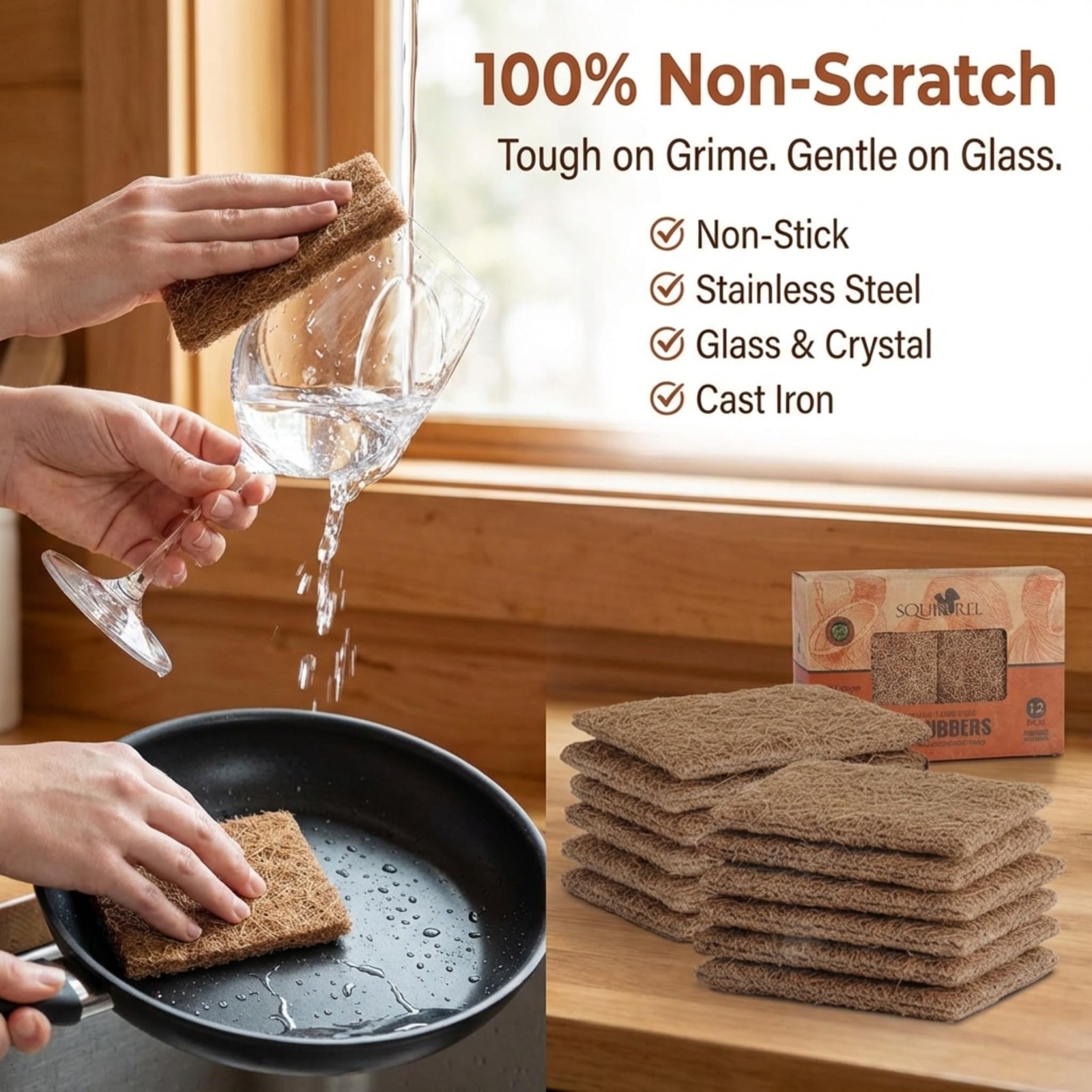 SQUIRREL Natural Coconut Coir Fiber Kitchen Scrubbers 12 Pack Biodegradable N…