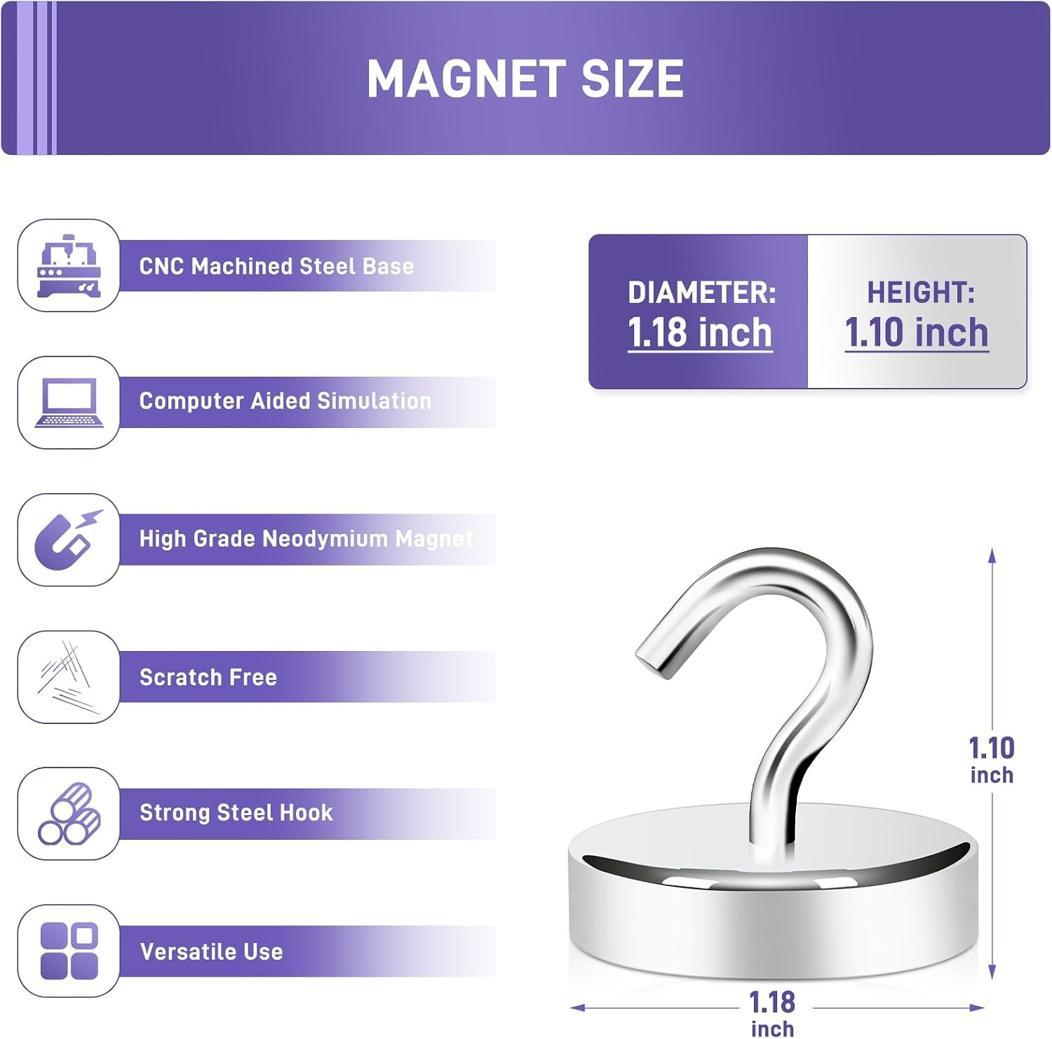 100lb Magnetic Cruise Hooks Steel Tube Silver 6 Pack