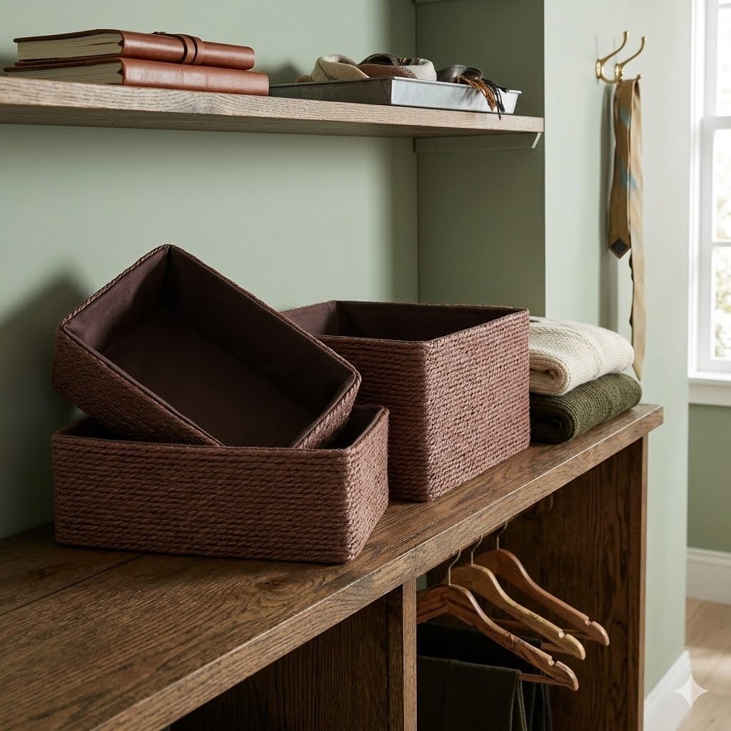 4 Pack Woven Storage Baskets Paper Rope Basket Set Closet Organizer Bins Brown