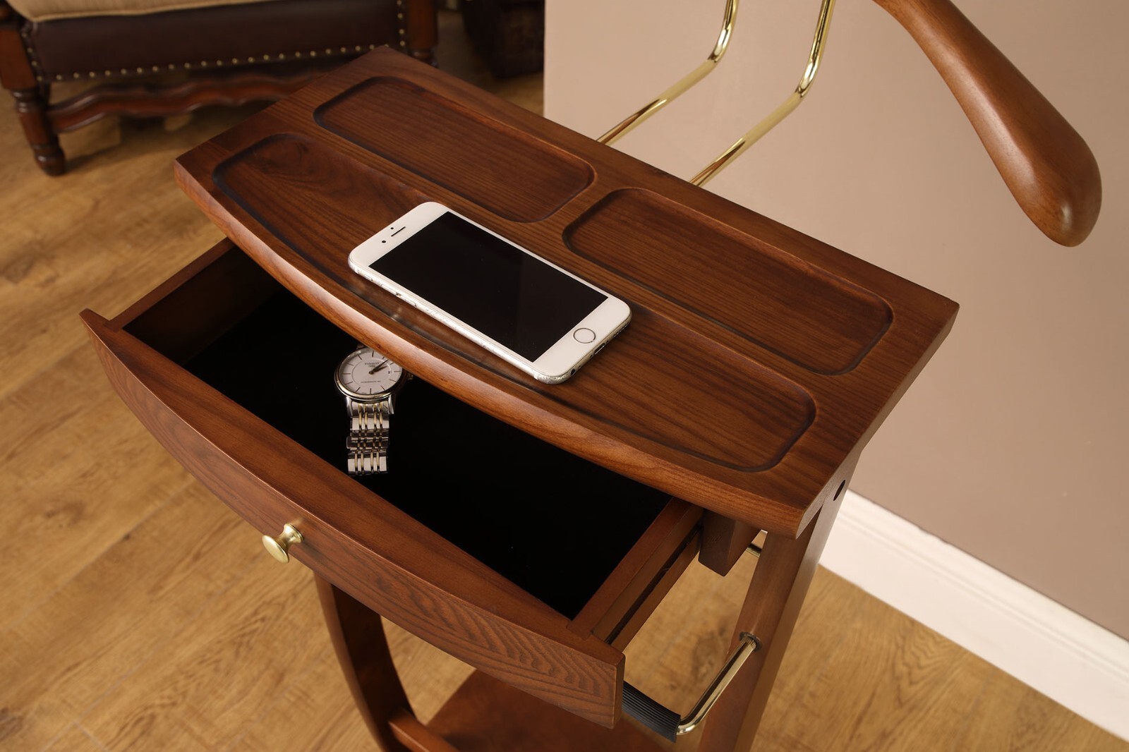 Wooden Valet Stand with Drawer, Hanger & Shoe Rack, Mens Clothes Organizer