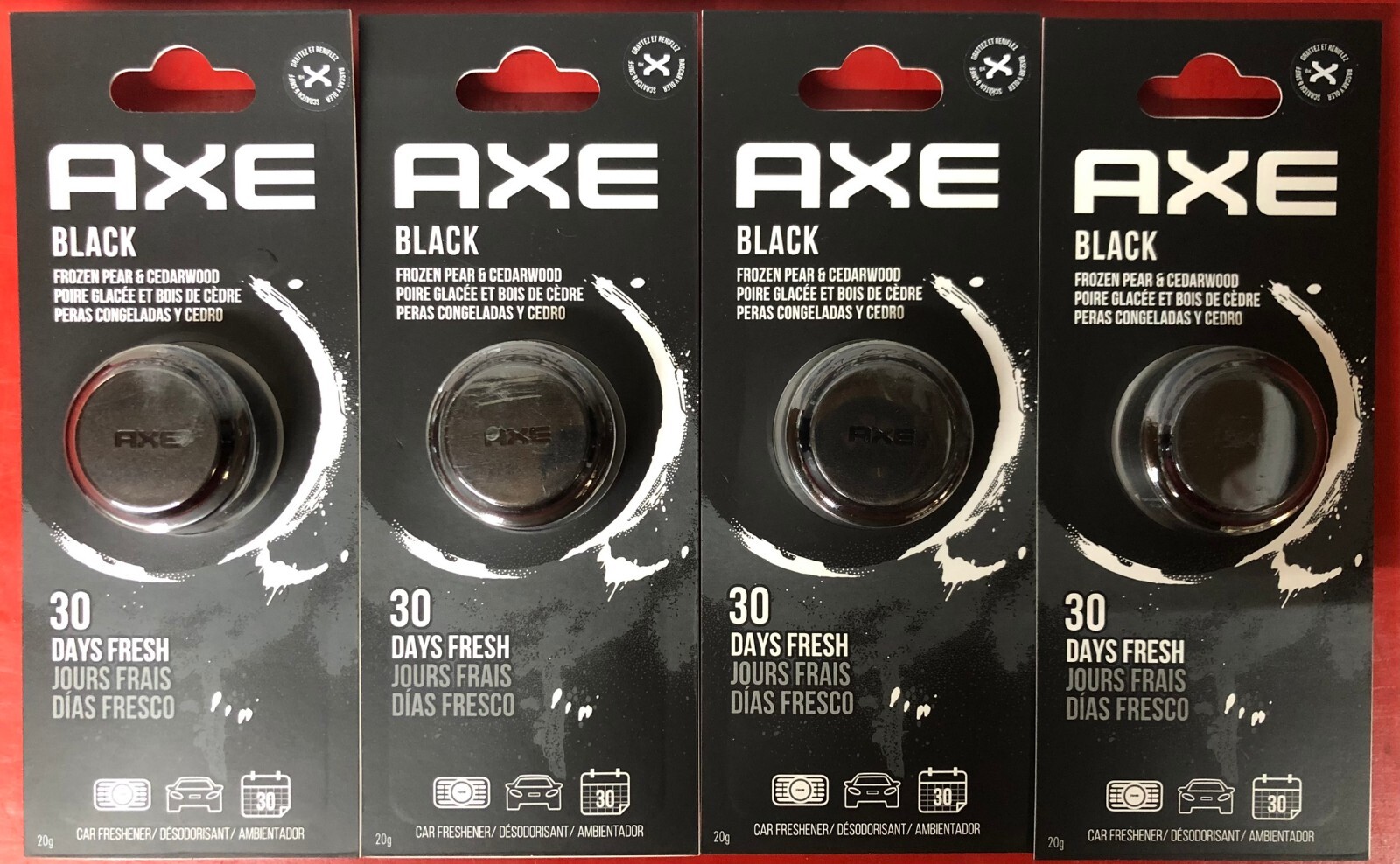 (4) NEW AXE BLACK VENT CLIPS CAR AIR FRESHENERS FROZEN PEAR & CEDARWOOD SCENT