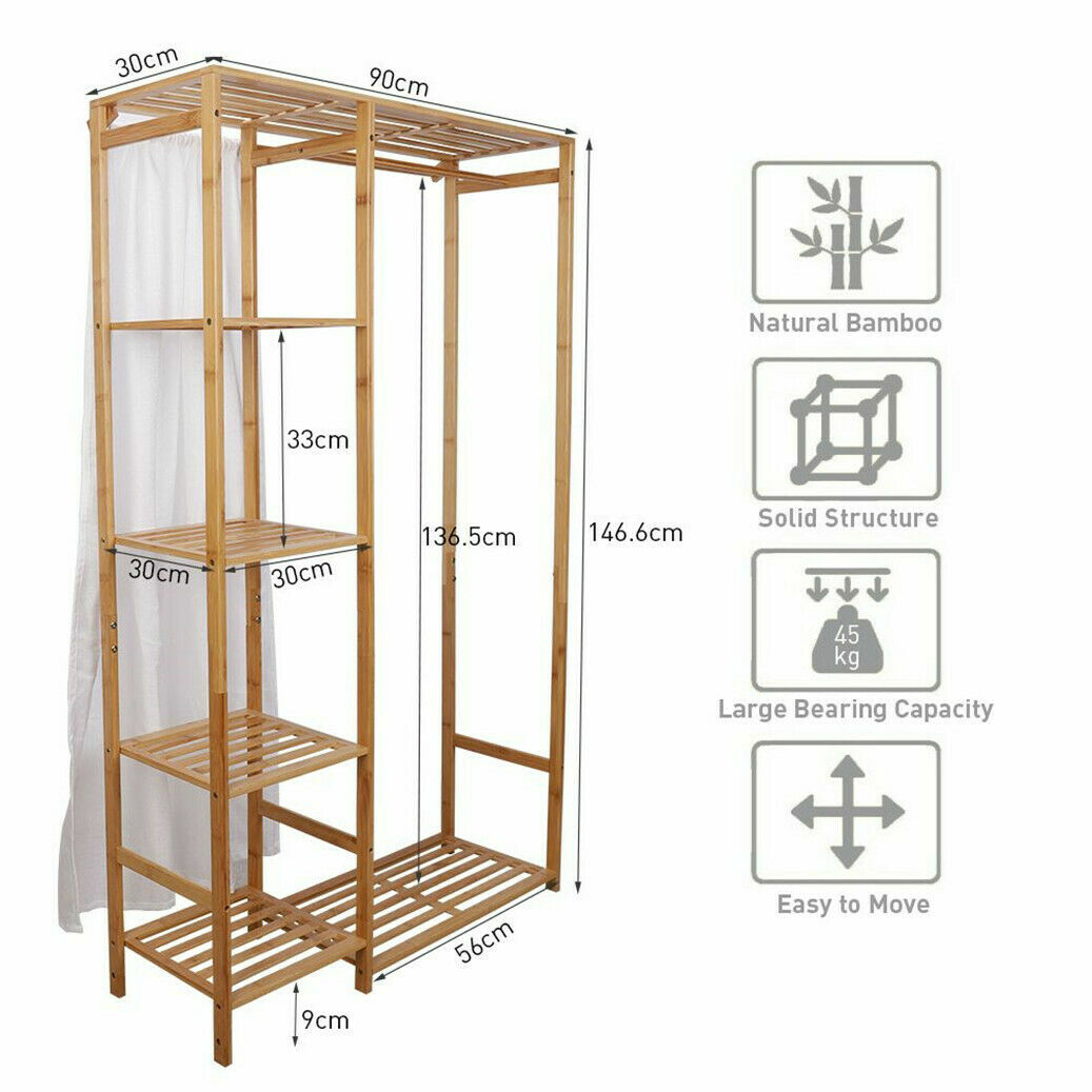 Bamboo Wood Garment Rack Clothes Hanging Stand Shoe Coat Storage Organizer Shelf