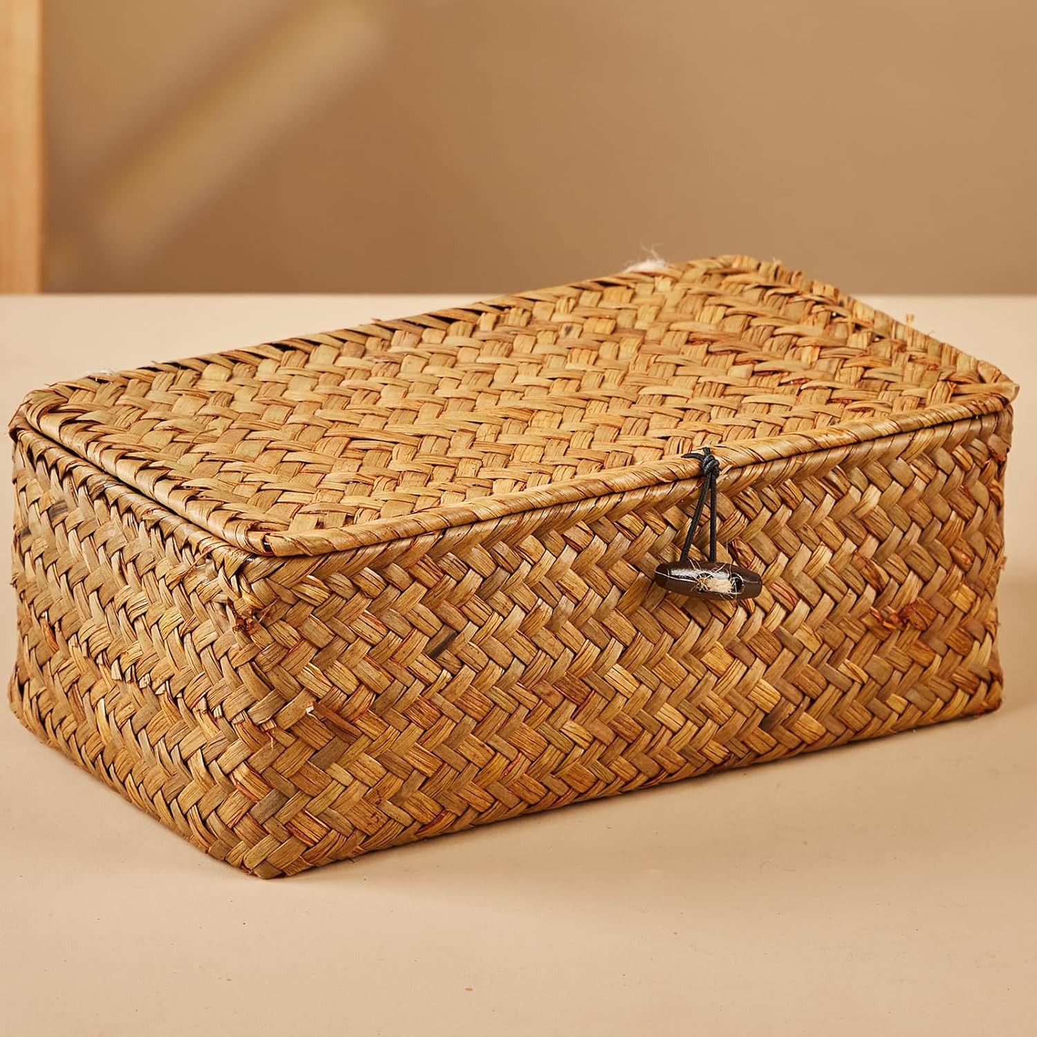 Natural Seagrass Storage Basket Set 3-Piece with Lids Handwoven Boxes