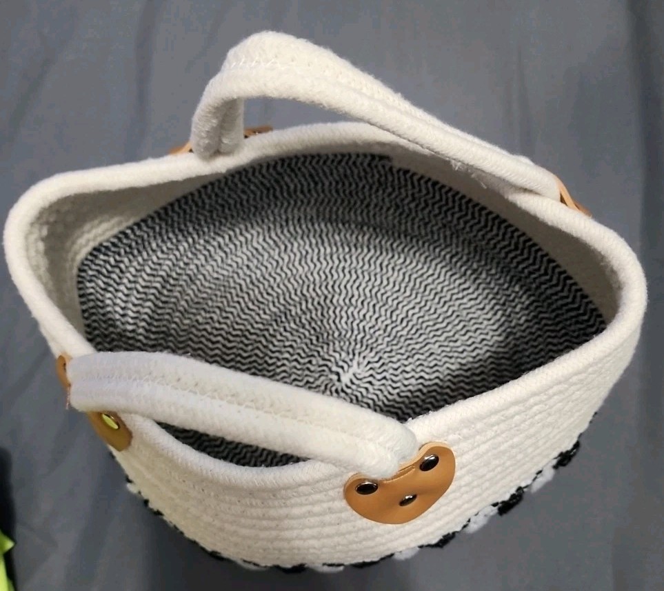 Black And White Woven Basket with Black And White Tassels & Handles Washroom