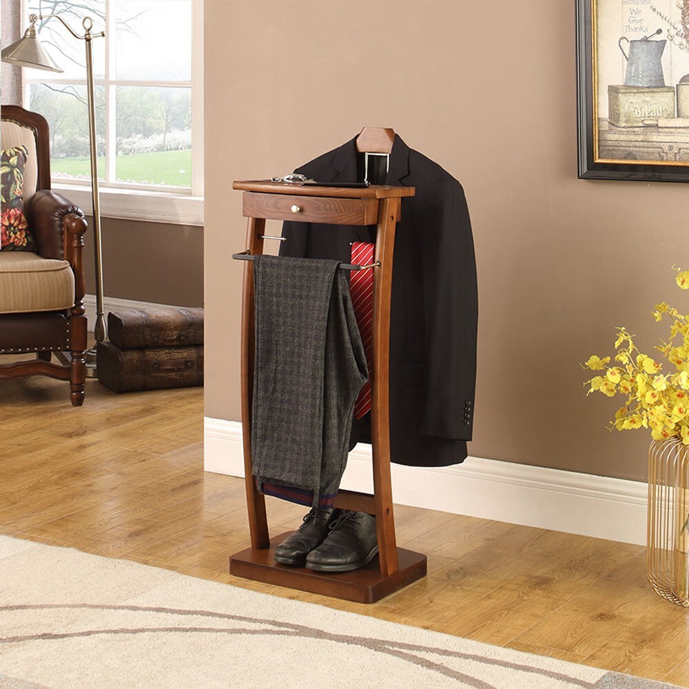 Wooden Valet Stand with Drawer, Hanger & Shoe Rack, Mens Clothes Organizer
