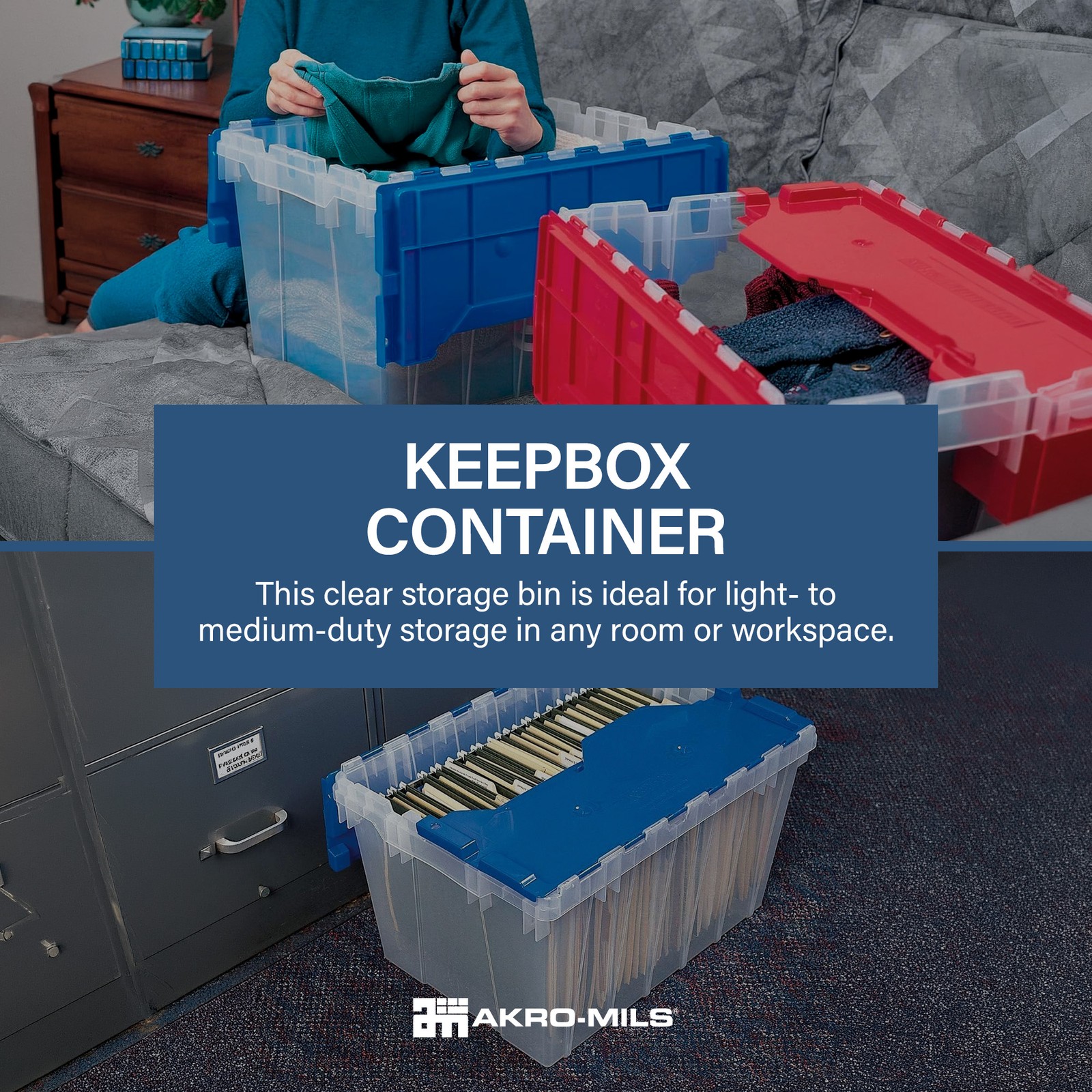 Akro-Mils KeepBox 12 Gal Plastic Storage Bin, Stackable Tote w/ Lid, Clear/Blue