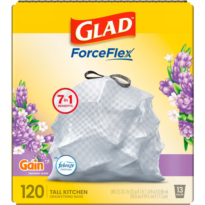 Glad ForceFlex Tall Kitchen Drawstring Trash Bags, 13 Gal, Gain Lavender, 120 Co