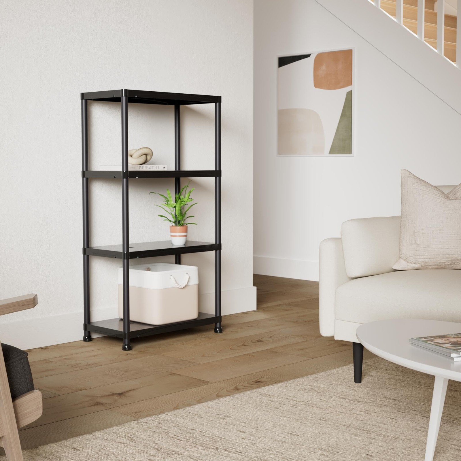 HDX 4-Shelf Black Plastic Storage Shelving Unit | 15 in. D x 28 in. W x 52 in. H