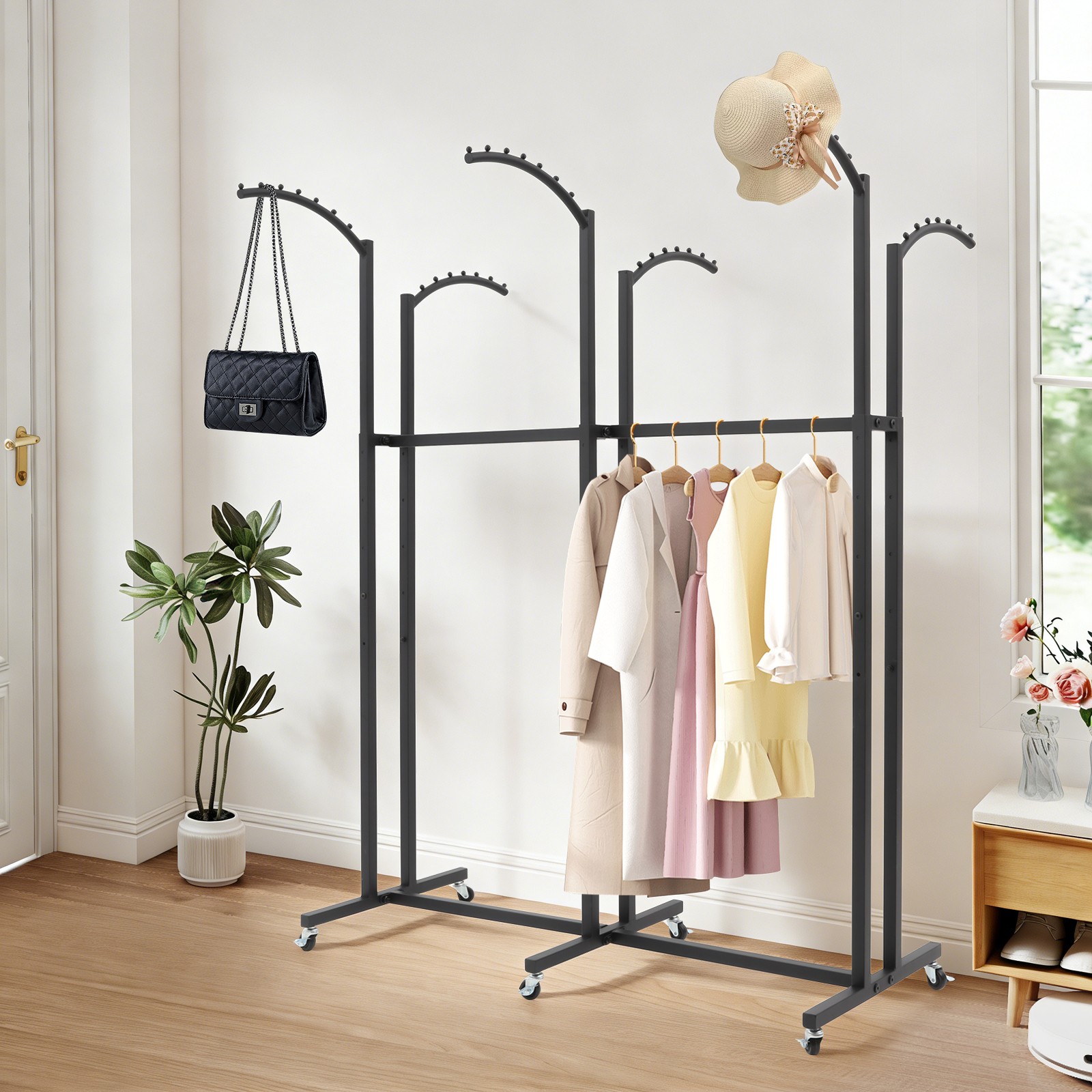 Black 6 Arms Clothing Display Rack With Wheels, 55.12-70.87in Adjustable Height