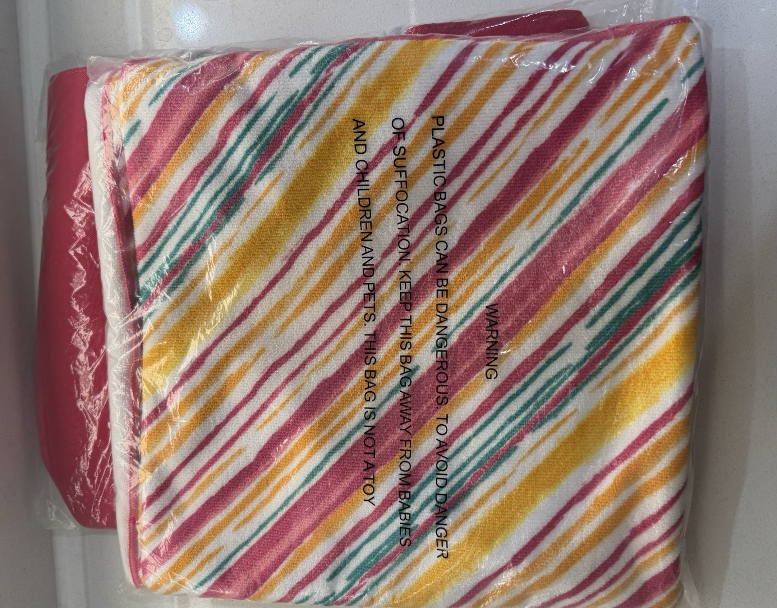 Reusable Shopping Bag Pink/Multicolor Striped w/ Matching Pouch 20x20x15