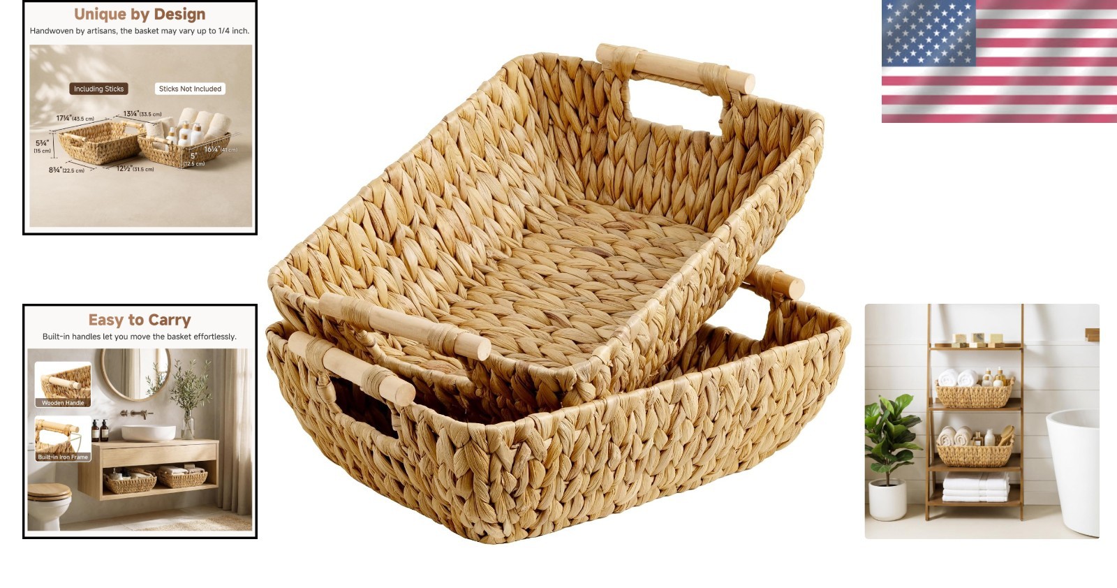 Water Hyacinth Storage Baskets, Wooden Handles, 2 Pack