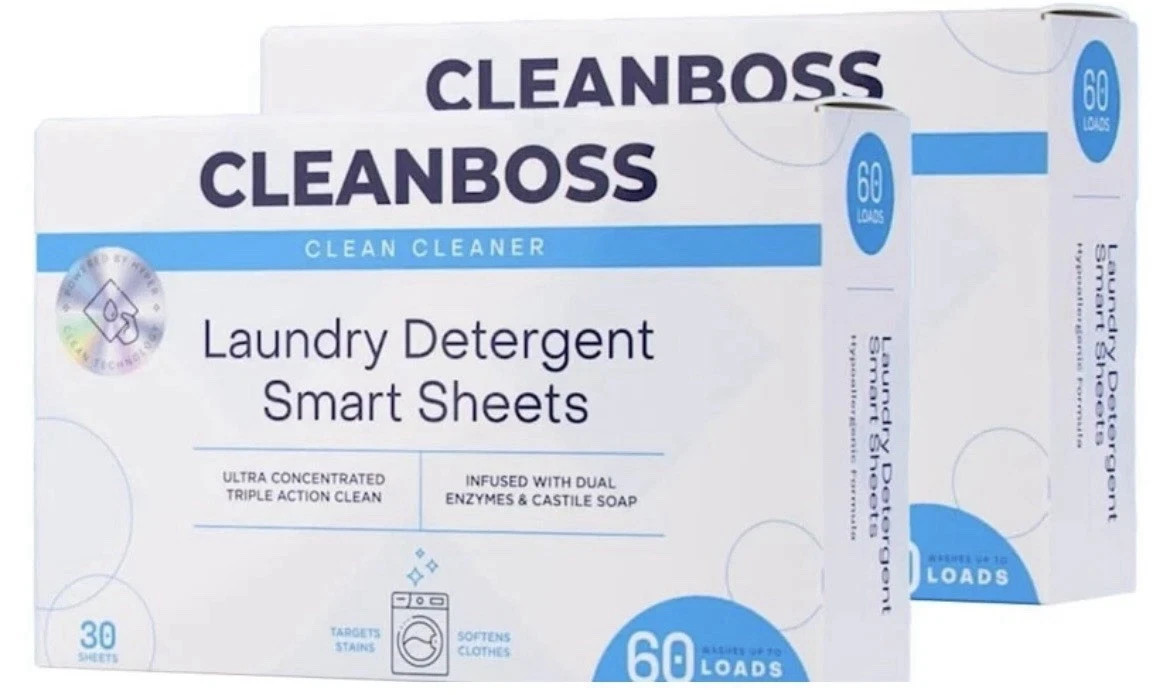 NIB 2~PACK CleanBoss Laundry Detergent Smart Sheets – 60 Sheets (120 loads) NEW!