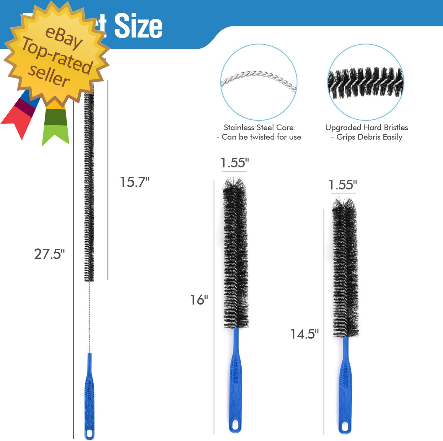 3PCS Drain Brush Set with Refrigerator Coil Cleaning Brush, Multi-Use Drain Clea