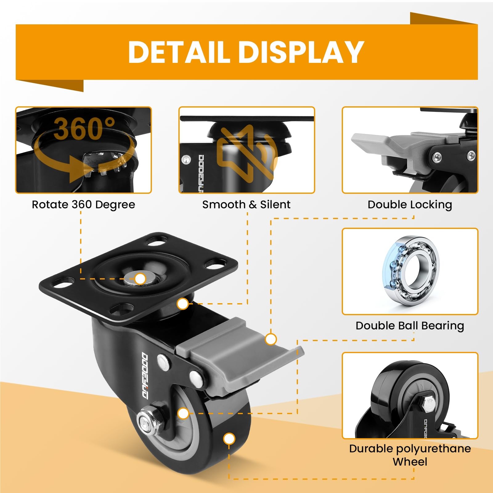 4 PCS 2.5 Inch Heavy Duty Caster Wheels Rubber Swivel Brake 710LBS Load