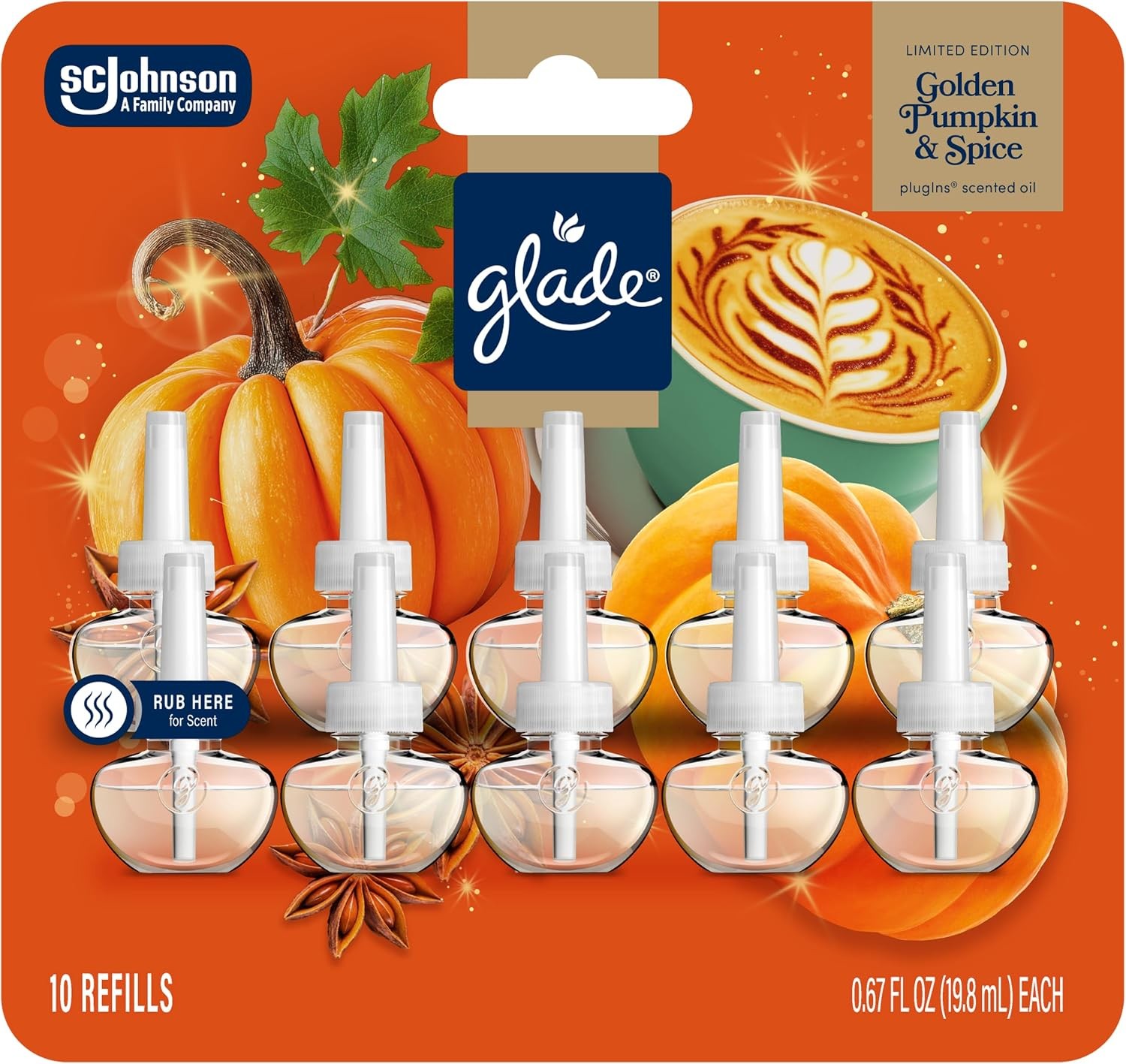 Glade PlugIns Scented Oil Refill Golden Pumpkin & Spice Pack of 10 Air Freshener