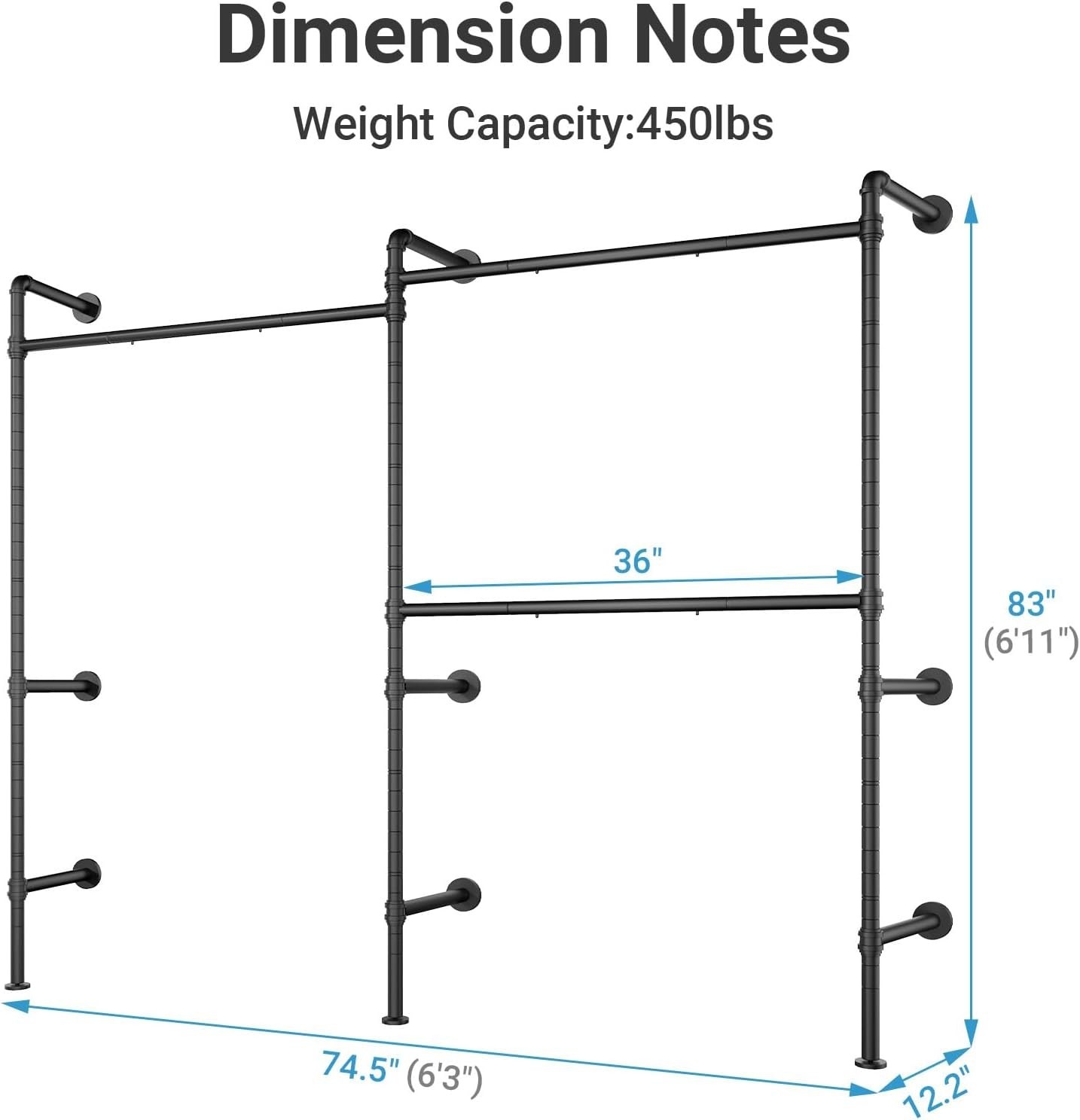 Industrial Pipe Clothes Rack Wall Mounted Open Closet System with 3 Hanging Rods